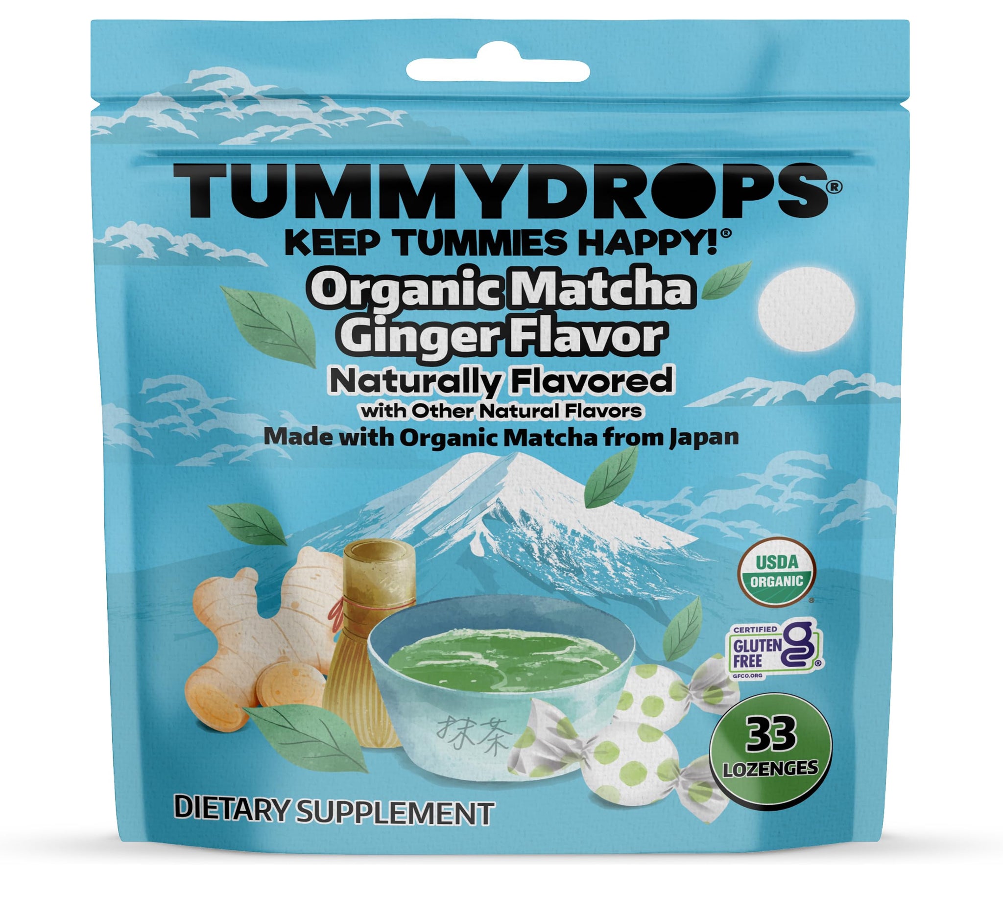USDA Organic Matcha Ginger Tummydrops, Gluten Free & Vegan, 33 Individually Wrapped Drops in a Resealable Bag