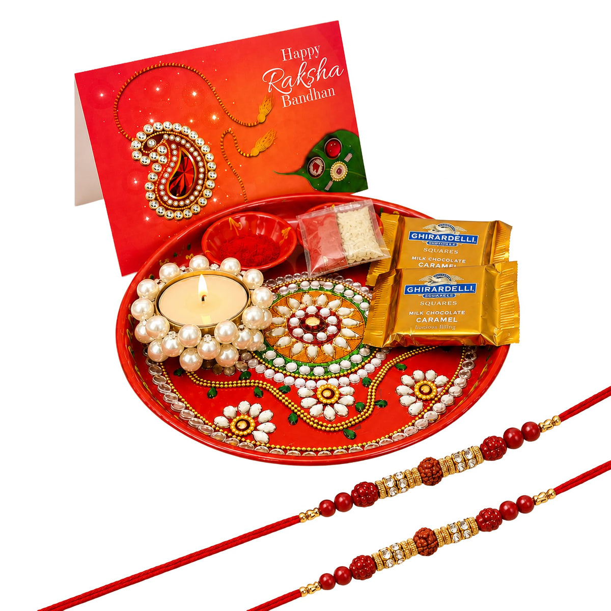 LOVENSPIRE Peacock Rakhi Gift Hamper Set for Brother & Bhabhi - Includes 2 Rakhi Bracelet, Decorative Puja Plate, Chocolates & Roli Chawal Peacock