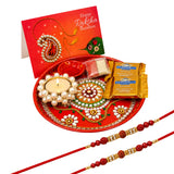LOVENSPIRE Peacock Rakhi Gift Hamper Set for Brother & Bhabhi - Includes 2 Rakhi Bracelet, Decorative Puja Plate, Chocolates & Roli Chawal Peacock