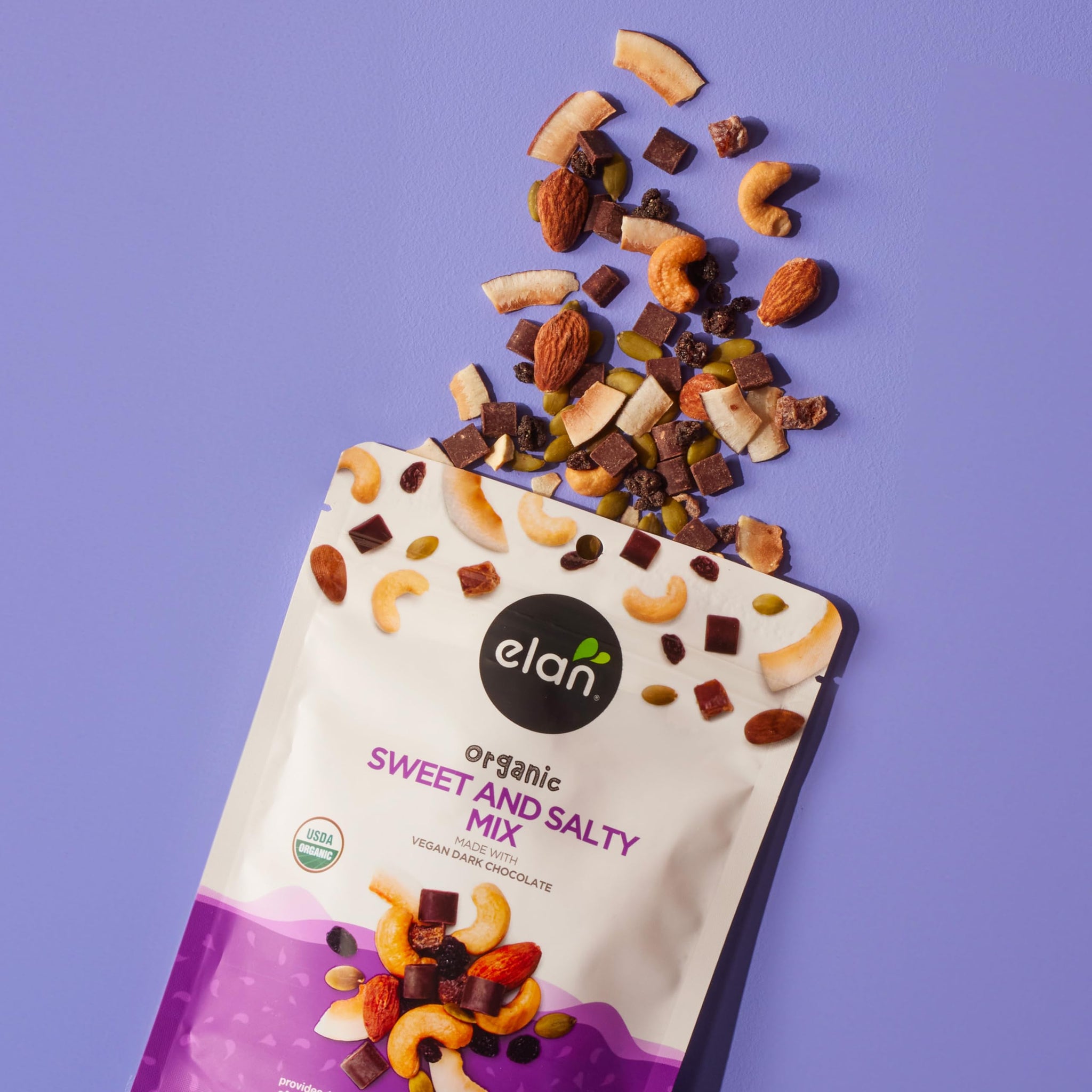 Elan Organic Sweet & Salty Mix, 5.3 oz, Non-GMO, Gluten-Free, Vegan, Kosher, Vegan Dark Chocolate, Dried Fruits (Raisins, Dates), Nuts (Roasted