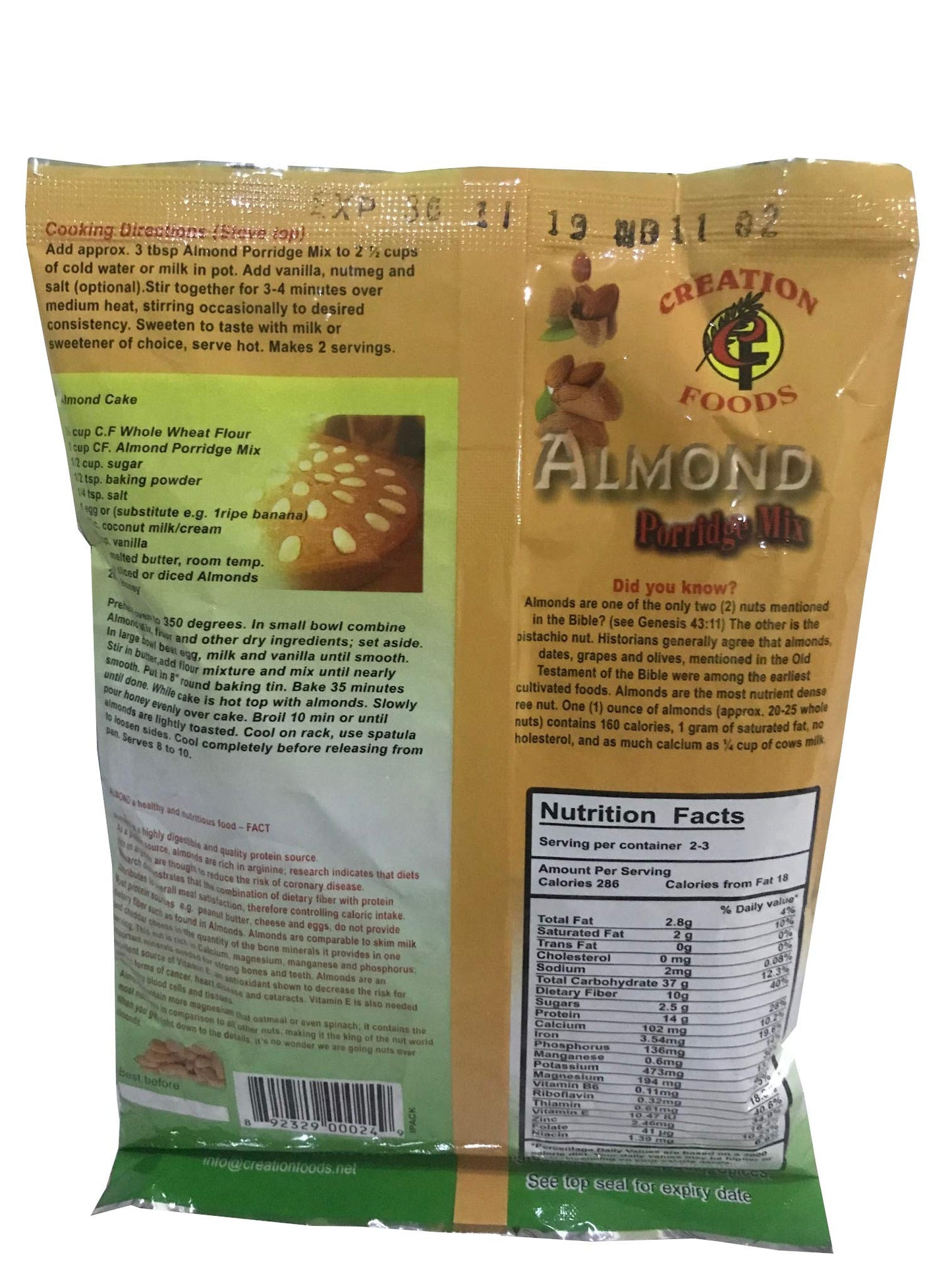 Jamaican Porridge Mix by Creation Foods - Nutritional and Energizing Hot or Cold Morning Cereal (Almond Porridge Mix, 3 Pack)