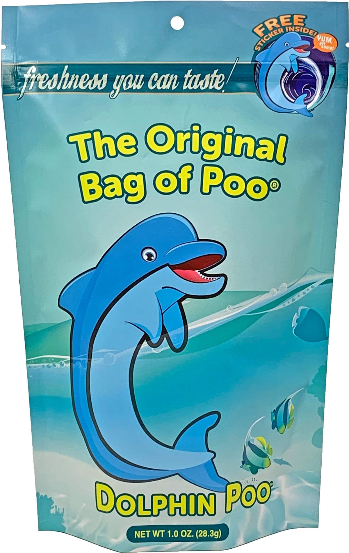 The Original Bag of Poo®, Dolphin Poo (Blueberry Flavor Cotton Candy) Novelty Poop Gag Gift. Free sticker inside.
