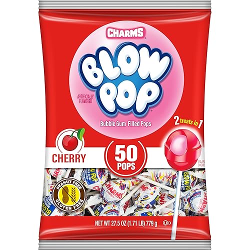 Charms Blow Pop Single Flavor Bag - Cherry Flavored Lollipops with a Bubble Gum Center - Individually Wrapped Hard Candy - Red Candy - Peanut Free