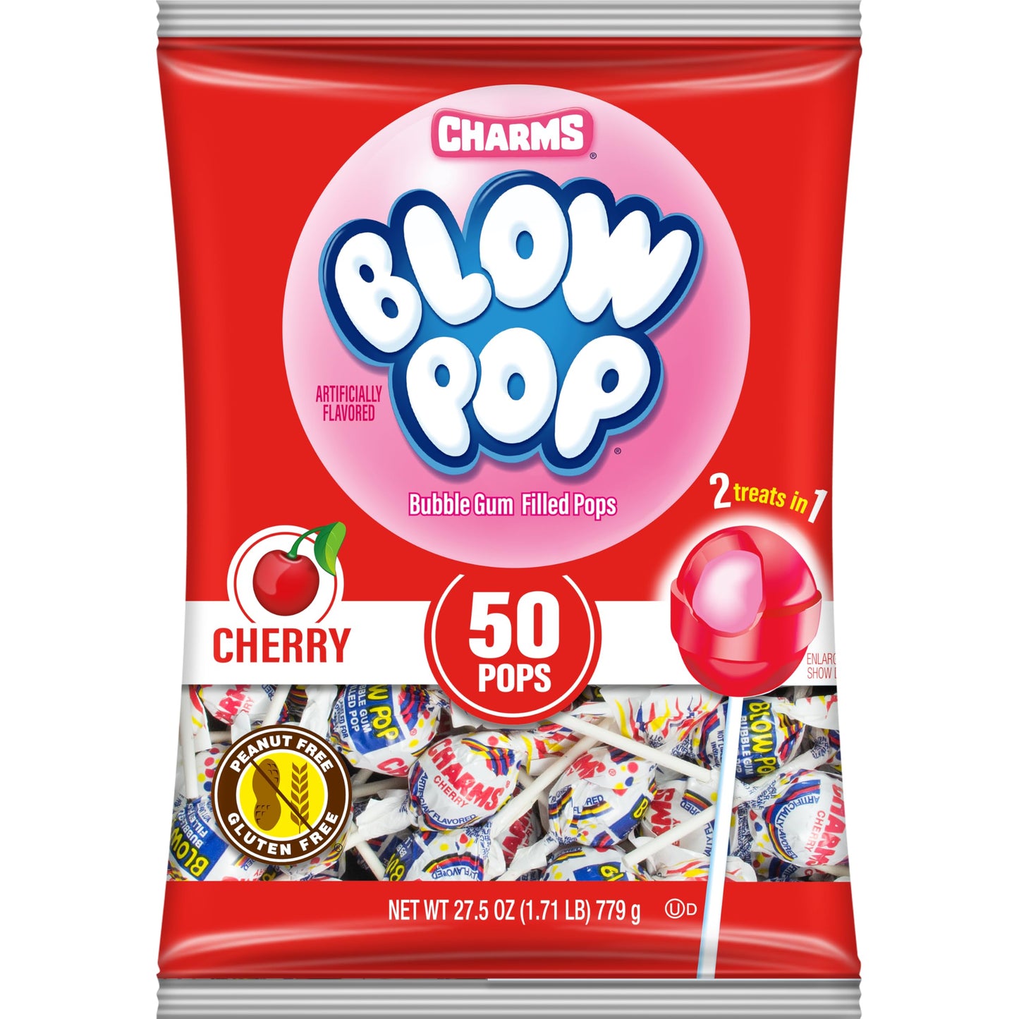 Charms Blow Pop Single Flavor Bag - Cherry Flavored Lollipops with a Bubble Gum Center - Individually Wrapped Hard Candy - Red Candy - Peanut Free