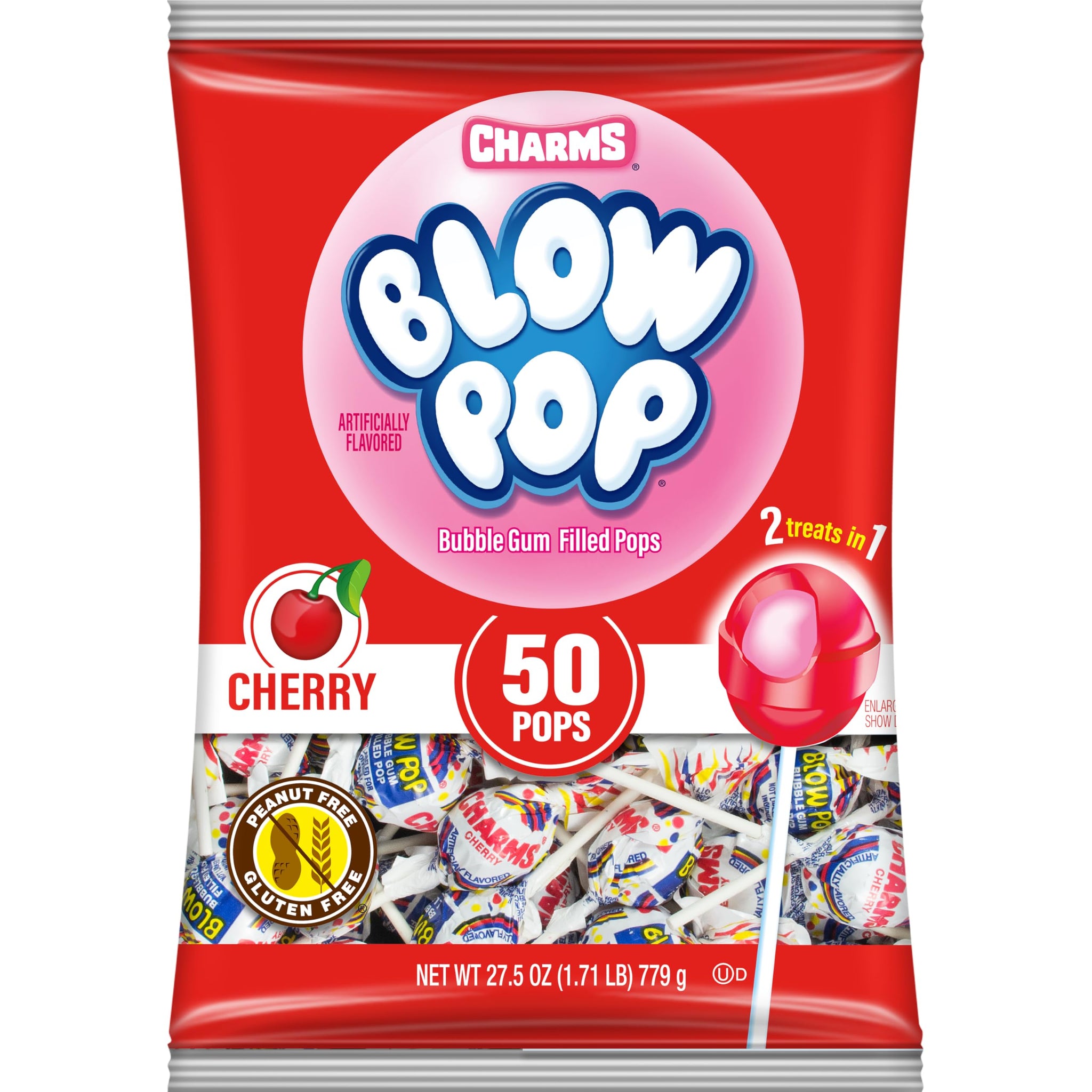 Charms Blow Pop Single Flavor Bag - Cherry Flavored Lollipops with a Bubble Gum Center - Individually Wrapped Hard Candy - Red Candy - Peanut Free