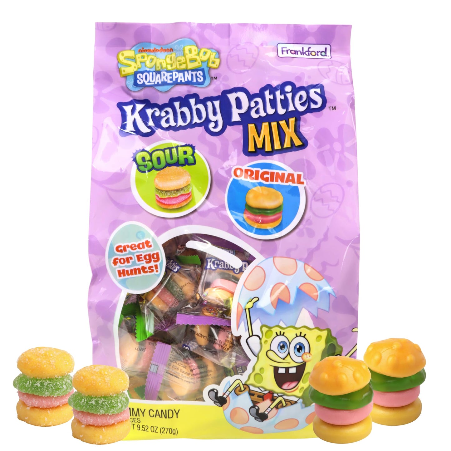 SpongeBob SquarePants Krabby Patties Candy, Sweet and Sour Gummies, Individually Wrapped Easter Egg Hunt Fillers, 30 Count
