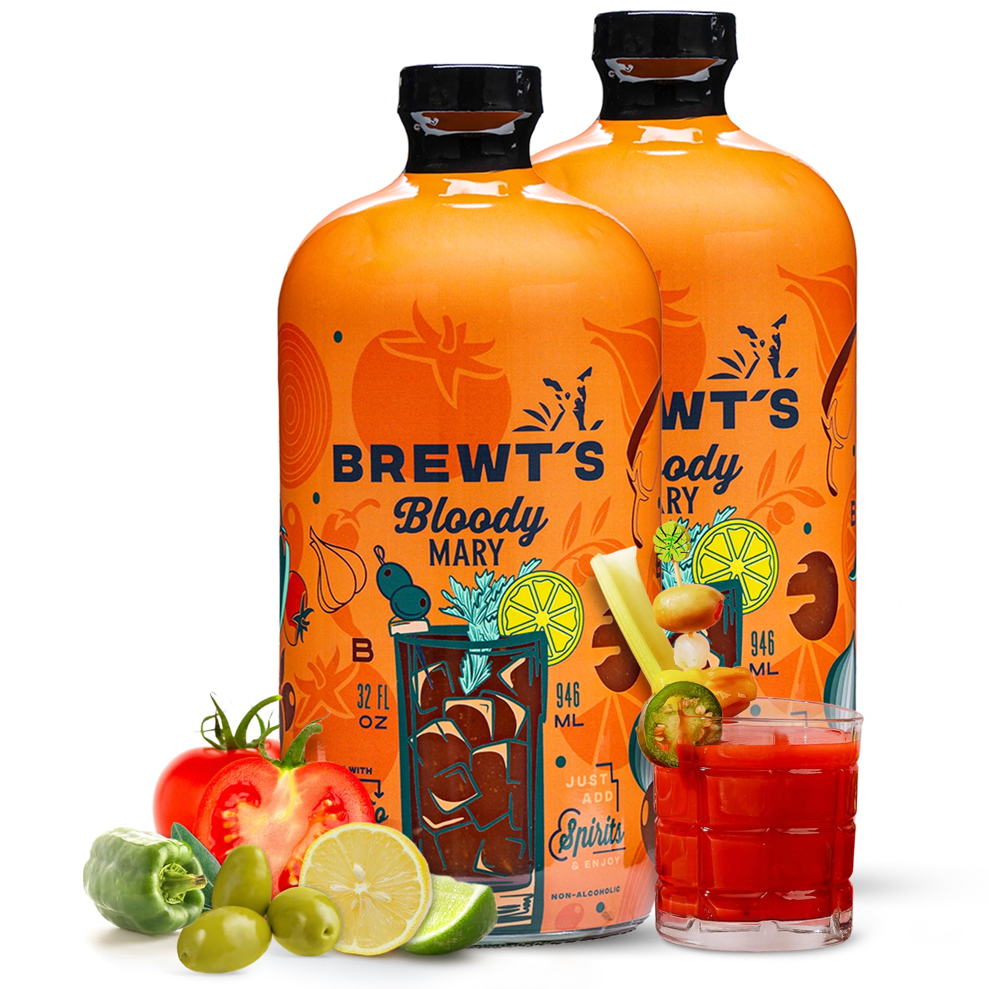 Brewt’s Spicy Bloody Mary Mix - Handcrafted Cocktail & Mocktail Mixer with Real Ingredients, Citrus, Horseradish - Low Sodium, Zero Preservatives - 32