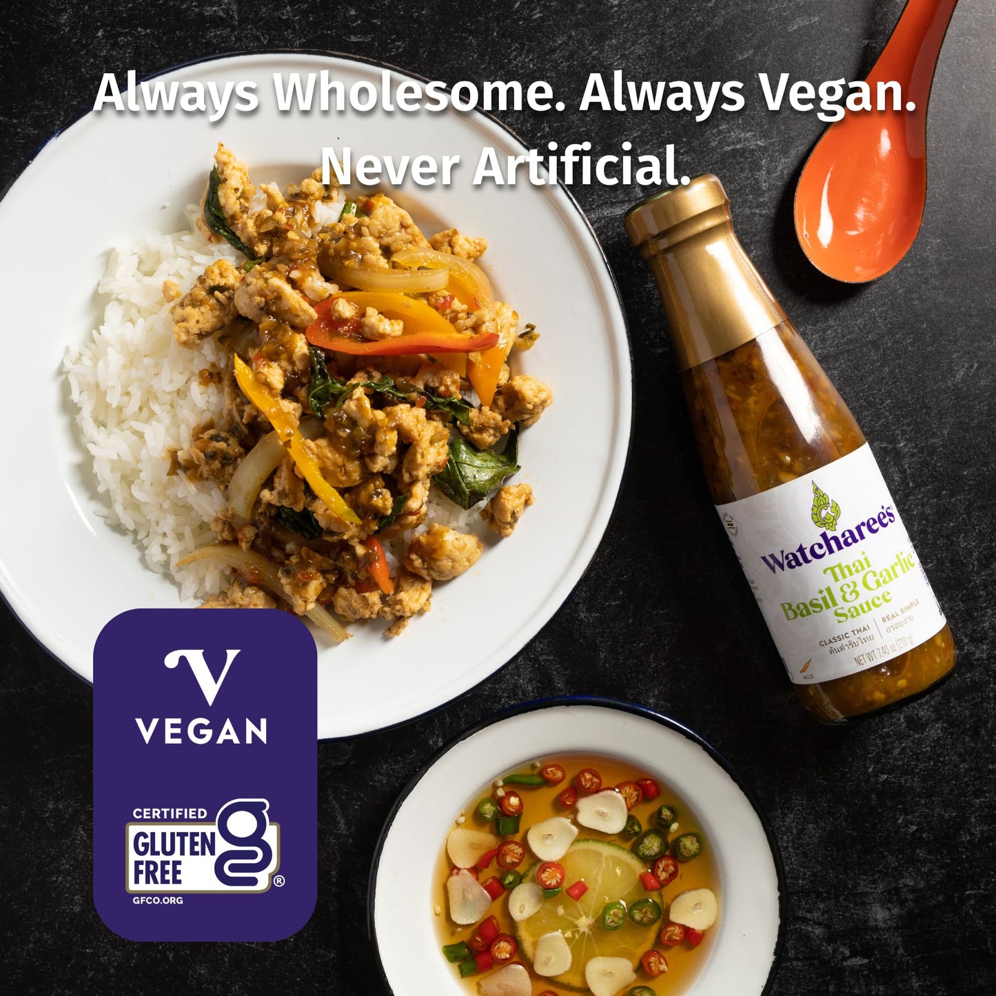 Watcharee's Thai Basil Garlic Sauce, Gluten Free, Vegan, Authentic Stir Fry, Dressing, Rice Seasoning, Condiment & Dipping Sauce - 7.4 oz Bottle (Pack