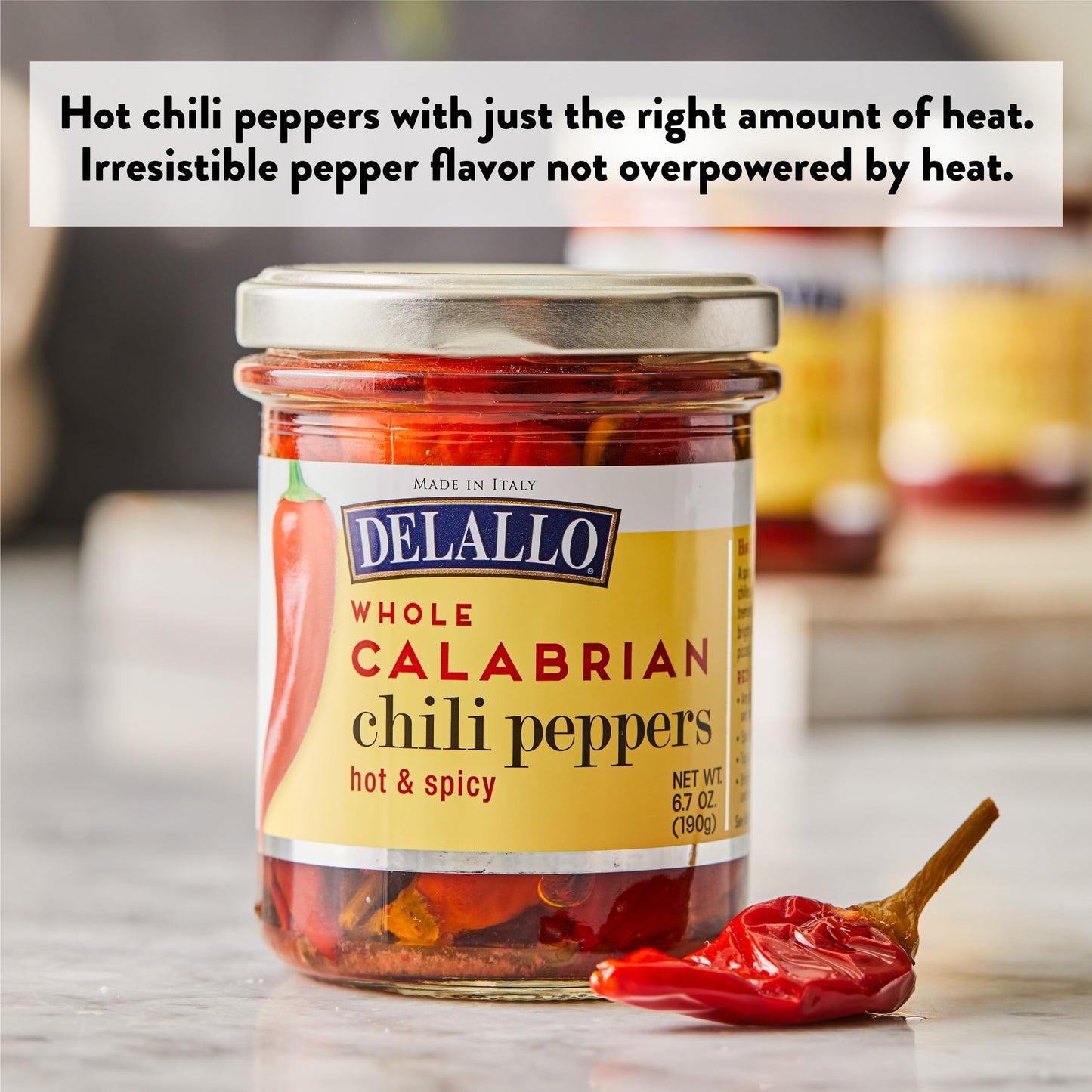 DeLallo Whole Calabrian Chili Peppers, 6.7 oz Jar, (3 Pack), Grown in Italy