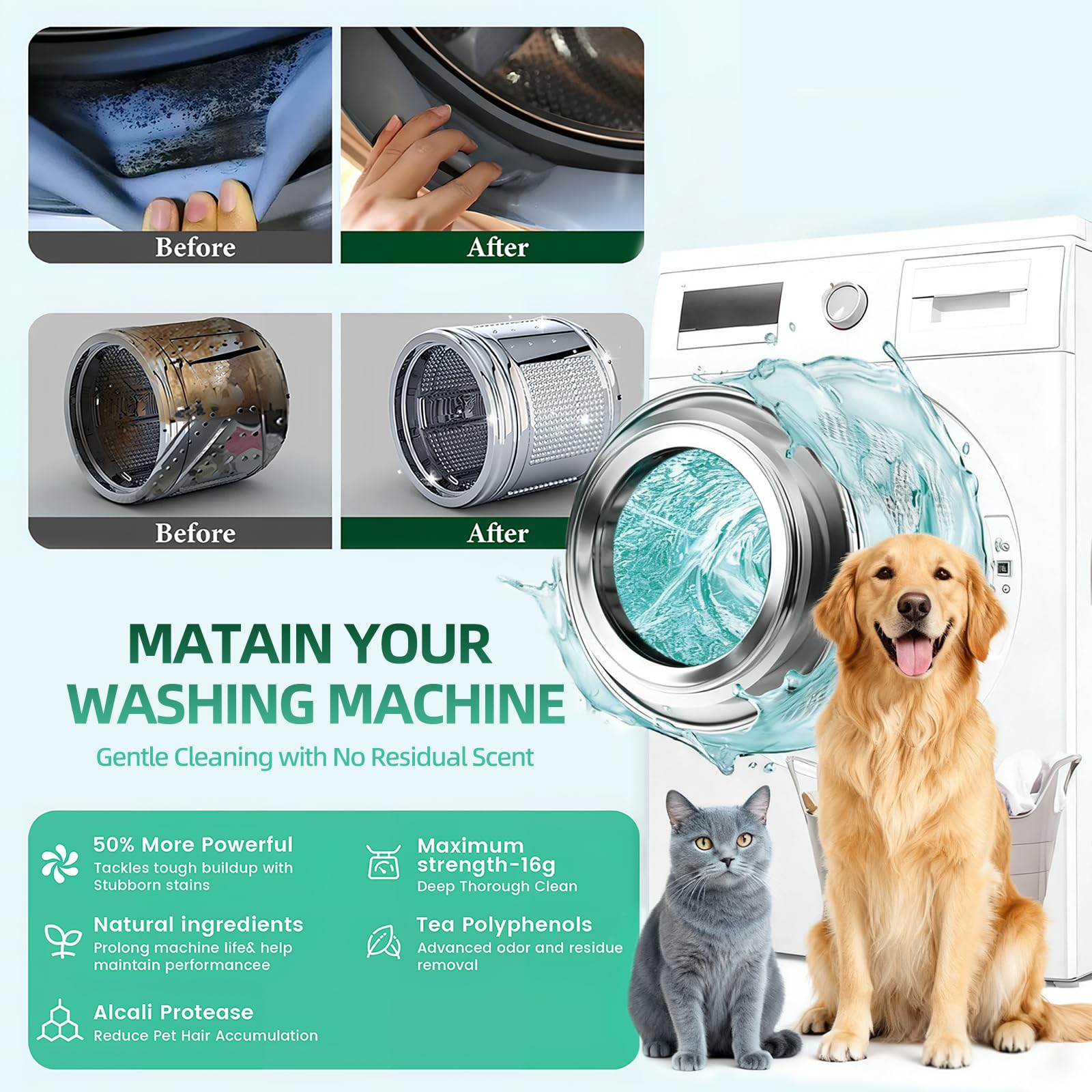SOPAMI Washing Machine Cleaner Tablets 12 Pack, Deep Clean HE Front Load Top Load Washer, Remove Stubborn Pet Hair Odors, Septic Safe Pet Owner