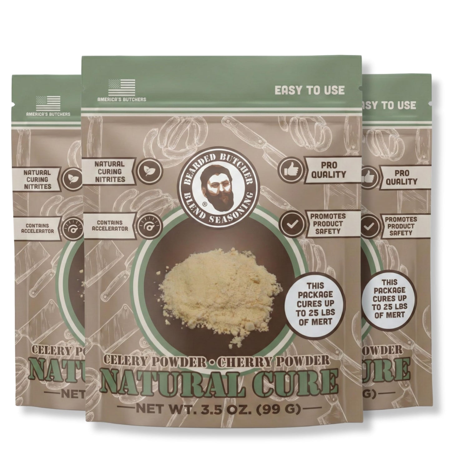 Bearded Butchers Natural Cure, 3.5 oz Pack of 3 - Celery Juice Powder & Cherry Powder for 75 lbs Meat (25lbs per pack) - Natural Curing Alternative
