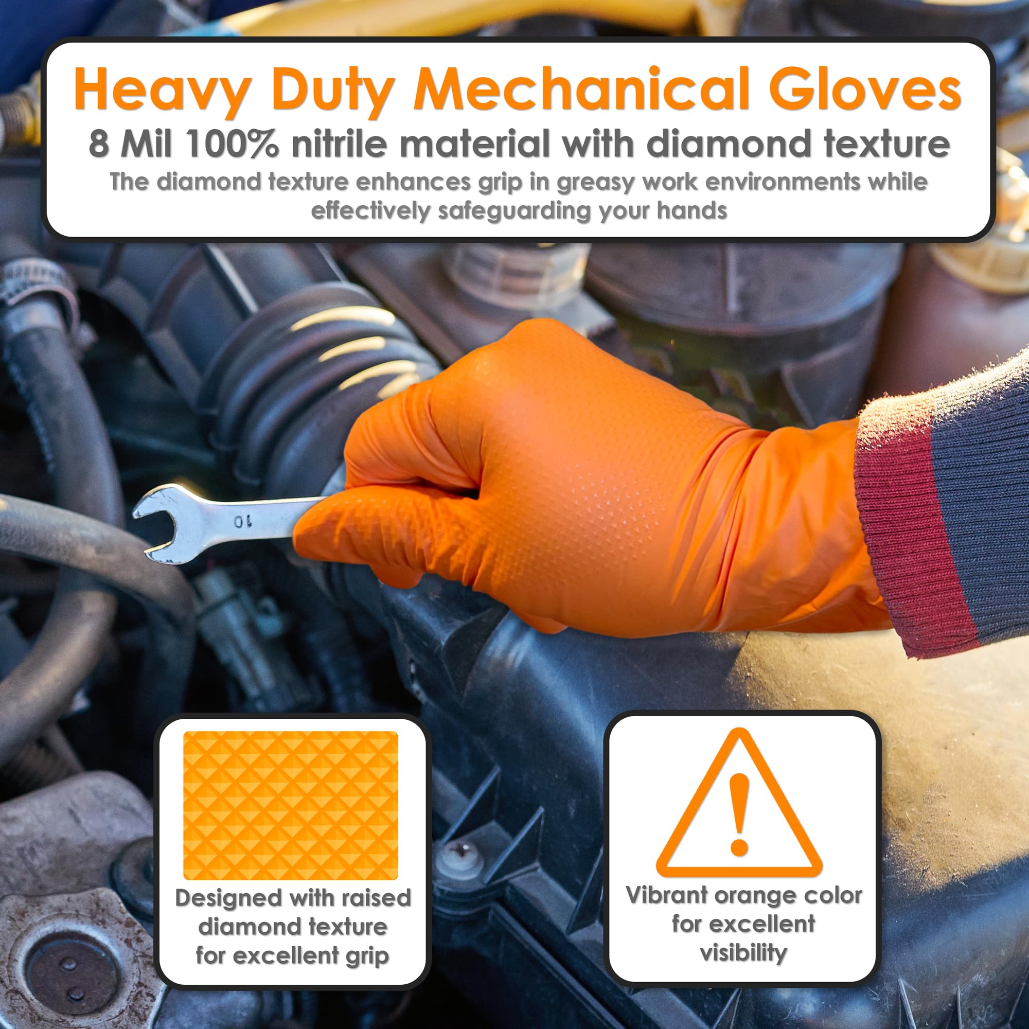 INNOVATIVE HAUS Heavy Duty Nitrile Gloves. Orange 8 Mil. Shop Gloves Mechanic Disposable. Mechanic Rubber Gloves Disposable. Large. Pack of 100