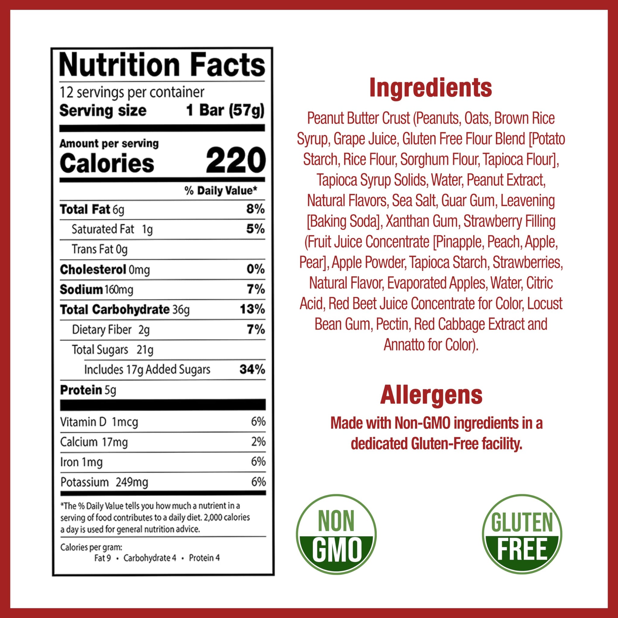 Betty Lou's PB&J Bars, Peanut Butter & Strawberry Snack, Gluten Free, Vegan, Non GMO, Deliciously Healthy Snacks, Individually Wrapped, 2 Oz Each (12