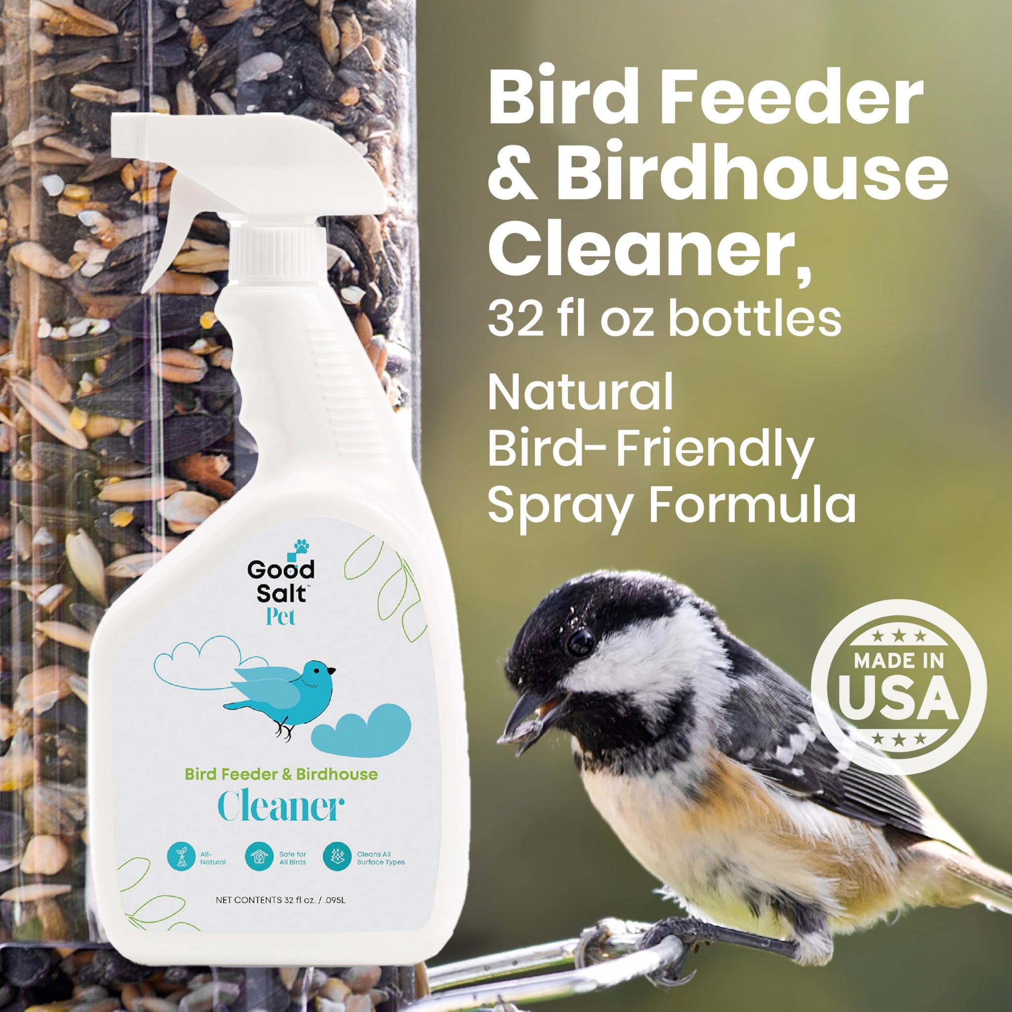 Good Salt Pet Bird Feeder & Birdhouse Cleaner, Natural Bird-Friendly Spray Formula, Made in the USA, 32 Ounce Bottle, 2-Pack