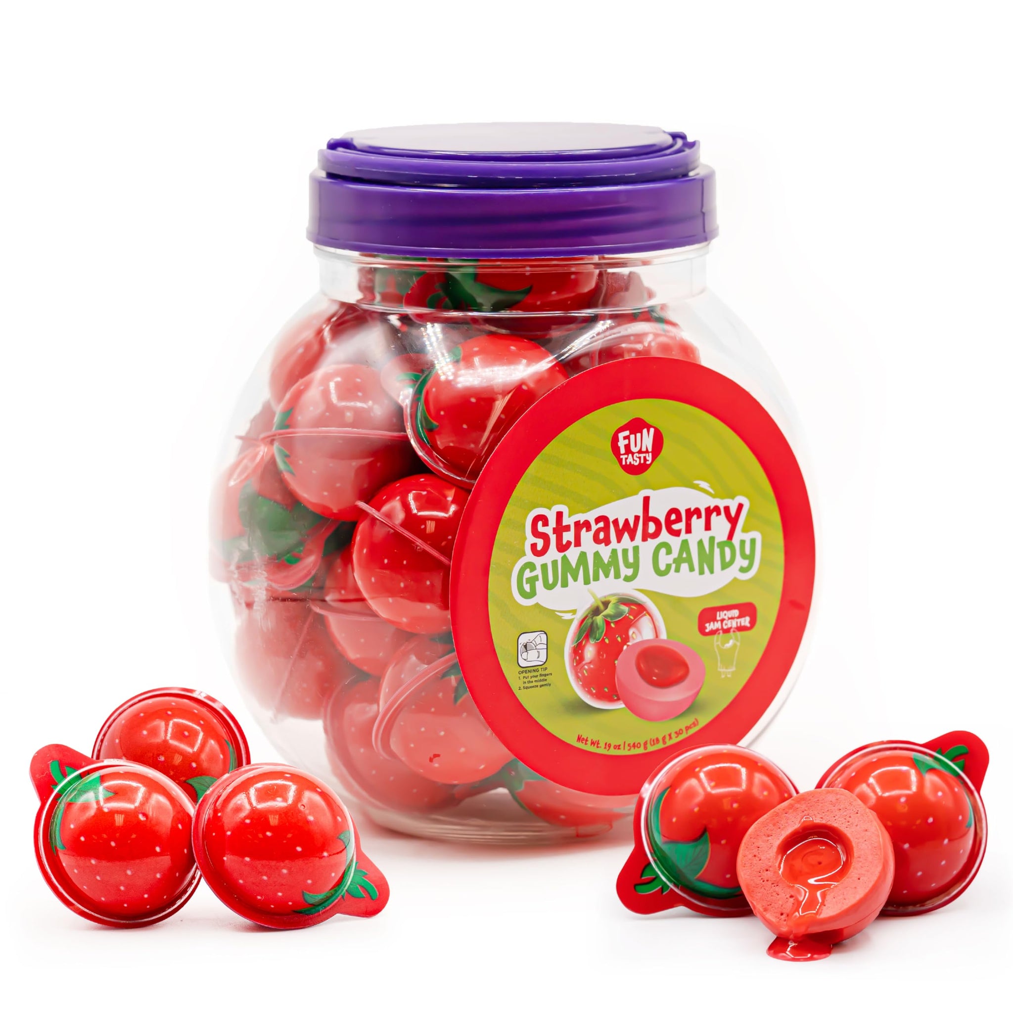 Strawberry Gummy Candy - 30 Count - 19 Oz Jar - Jelly Filled Gummies - Individually Wrapped Gummy Balls Candy - Party Favor Candy for Goodie Bags