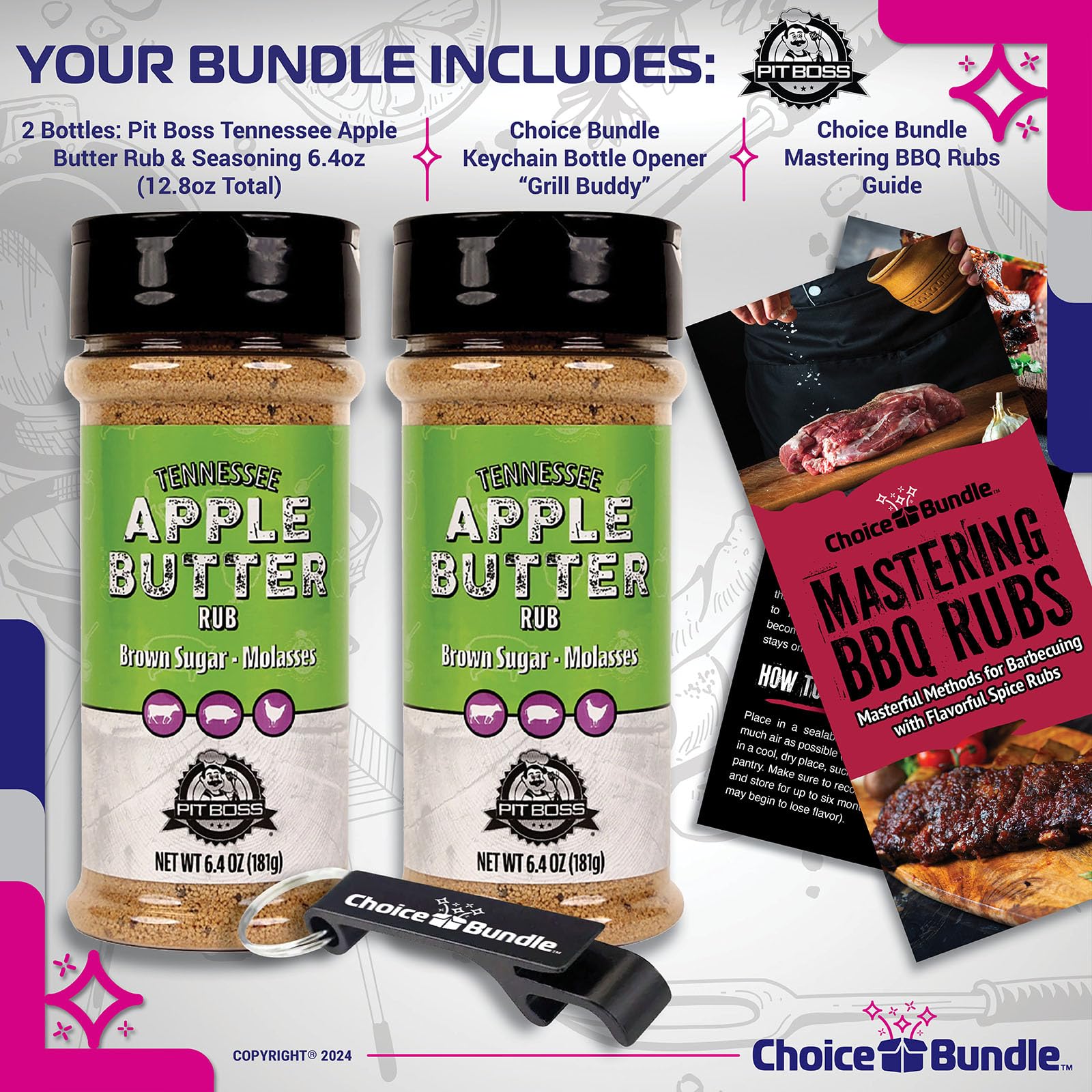 Pit Boss Tennessee Apple Butter Premium BBQ Barbecue Mixed Seasoning Spice & Rub 2 pk Choice Bundle (12.8 oz) + Guide & Keychain Bottle Opener (4