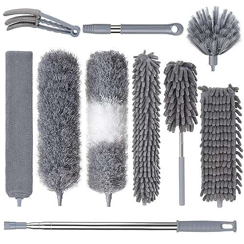 Dusters for Cleaning, Feather Duster Set, 10PCS Duster with Extension Pole Up to 100'' - Extendable, Bendable, and Washable for Ceilings, Chandeliers