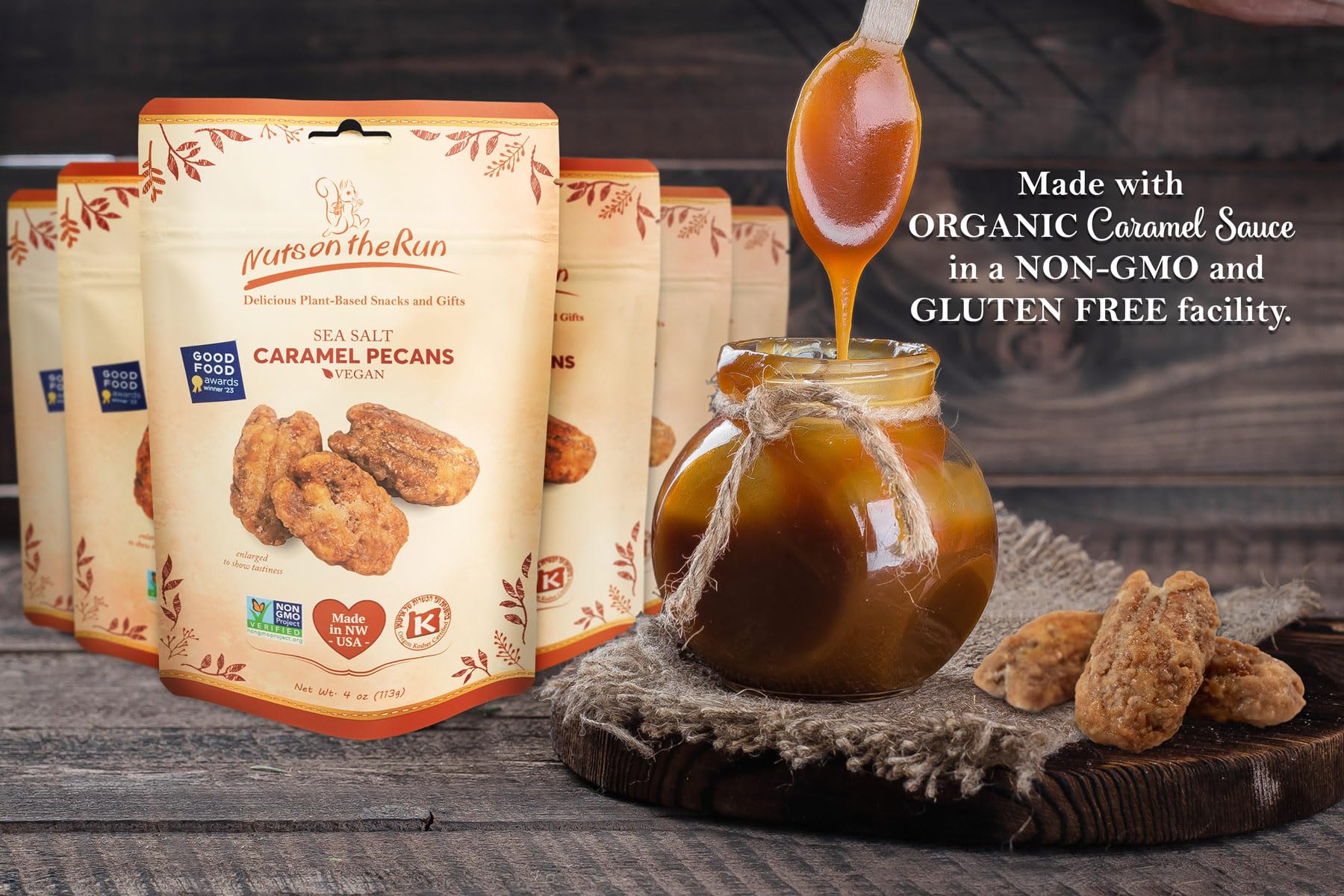 Sea Salt Caramel Pecans - Vegan, Kosher, Gluten-free, GMO-free Pecan Pralines - 4oz (PACK OF 6 BAGS) - Satisfaction Guarantee