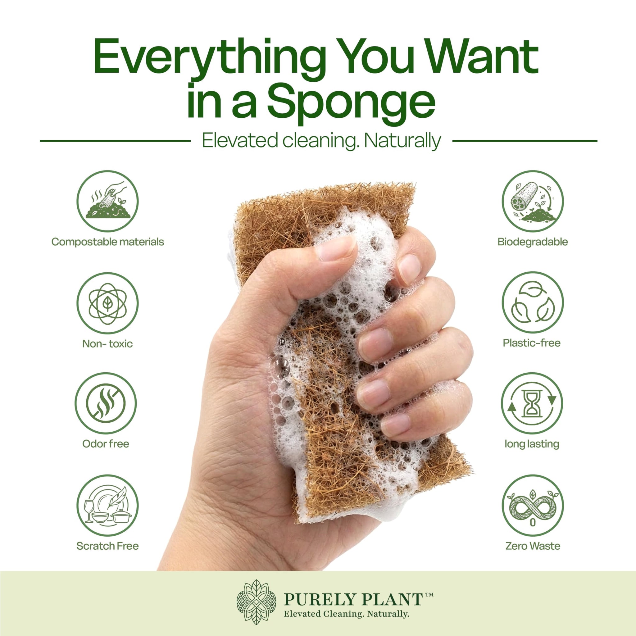 Purely Plant Natural Kitchen Sponges (12 Pack) - Biodegradable Cellulose & Coconut fiber Scrubber Dish Sponges, Eco-Friendly, Compostable