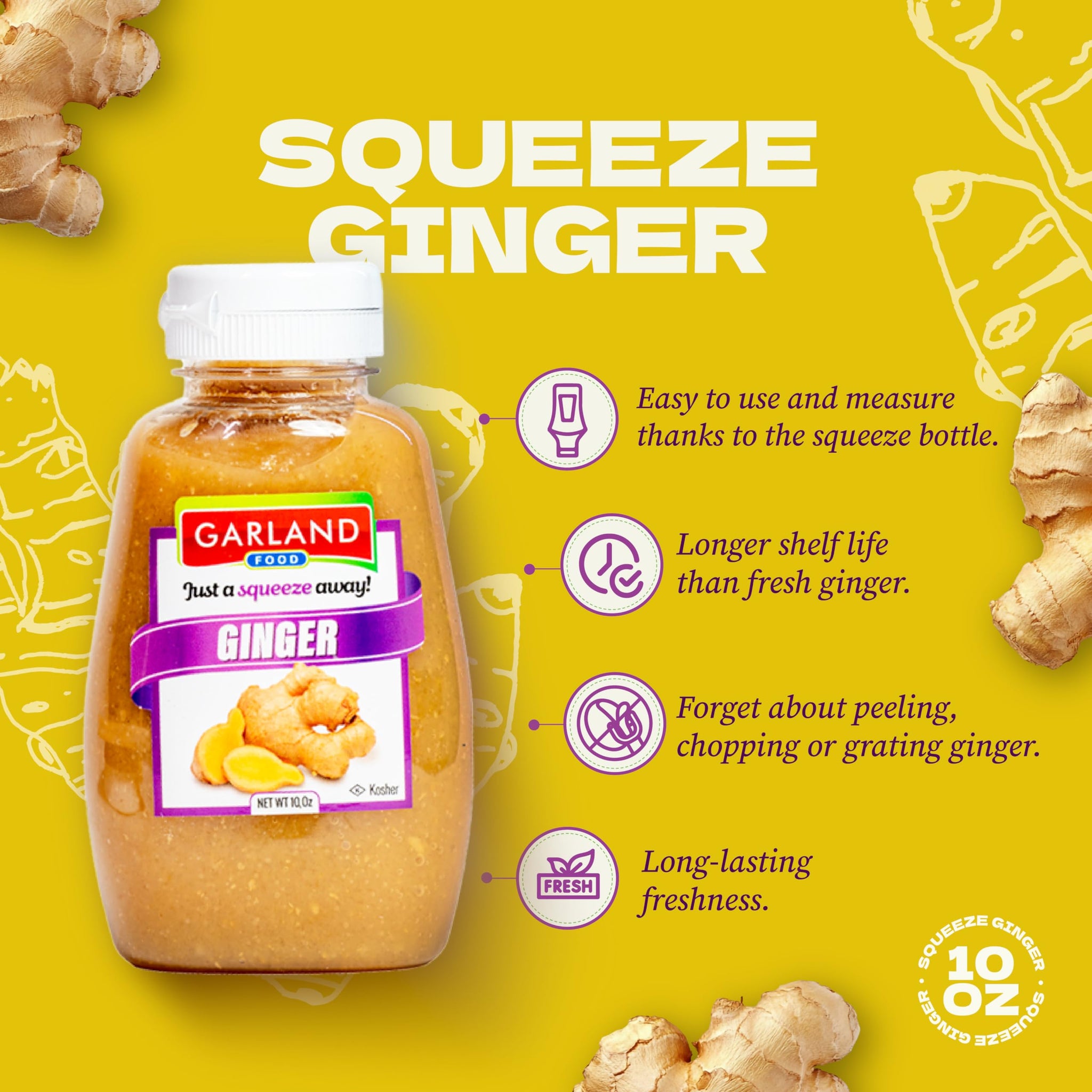 Garland Food Squeezable Ginger Paste 10 oz - Made in the USA - Convenient Squeeze Bottle with Minced Ginger Squeeze Bottle for Flavorful Asian Food