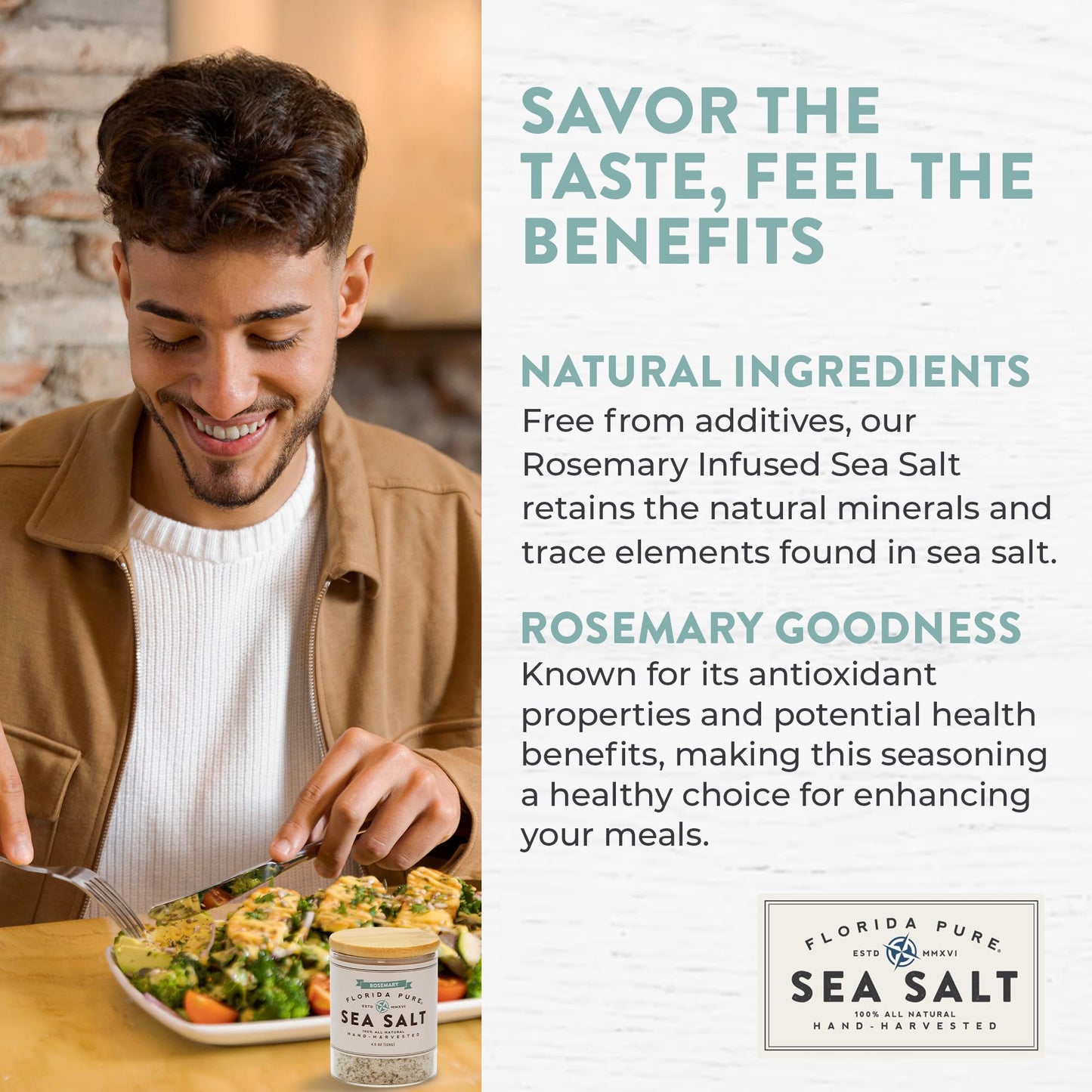 FLORIDA PURE Rosemary Sea Salt - 80+ Mineral Sea Salt, Natural, Unrefined, Non Iodized - for Baking, Cooking, Seasoning & Enhancing Taste