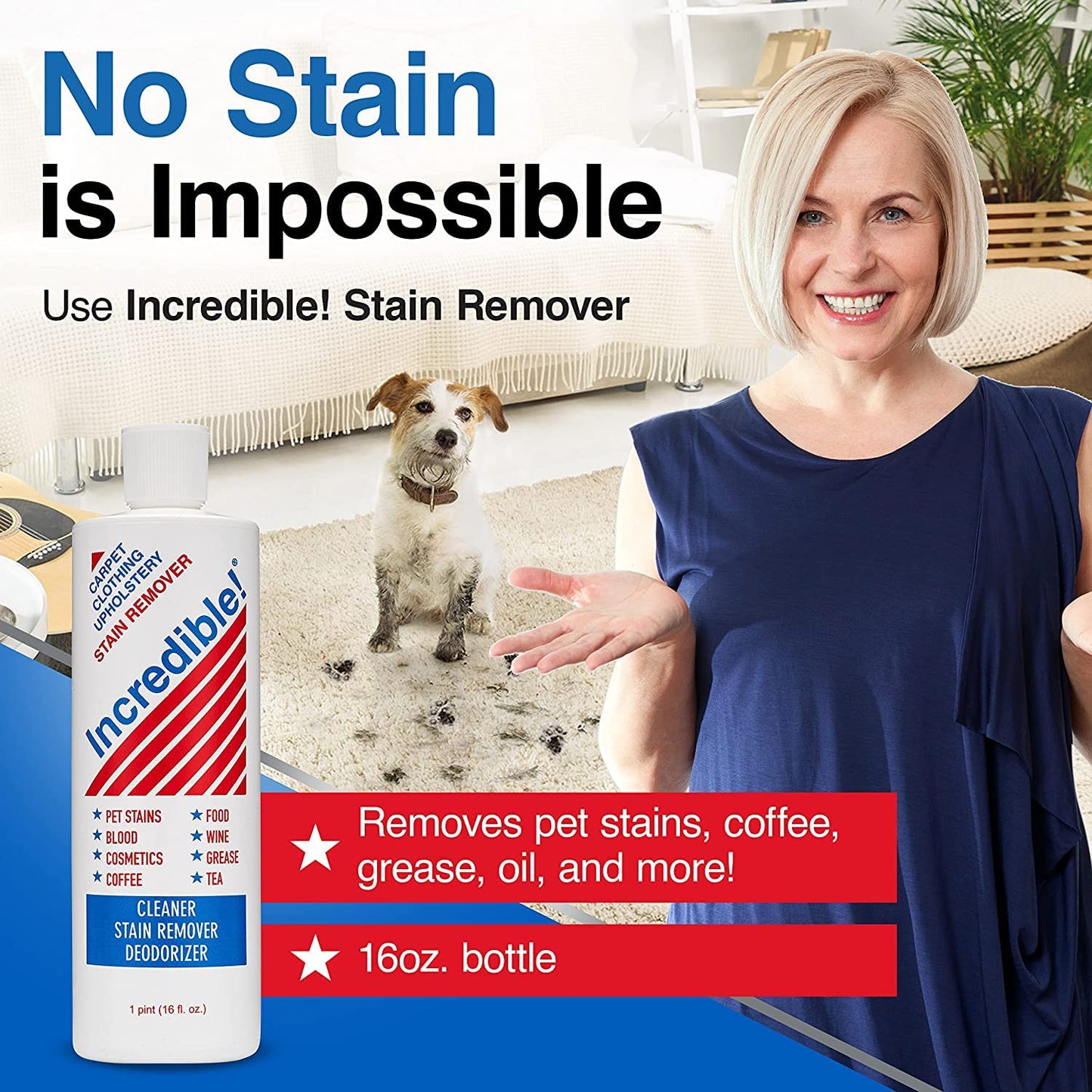 INCREDIBLE! Stain Remover - Instant Spot Remover For New and Old Stains - Blood, Red Wine, Coffee, Urine, Cosmetics, Pet Stains and Odor Eliminator