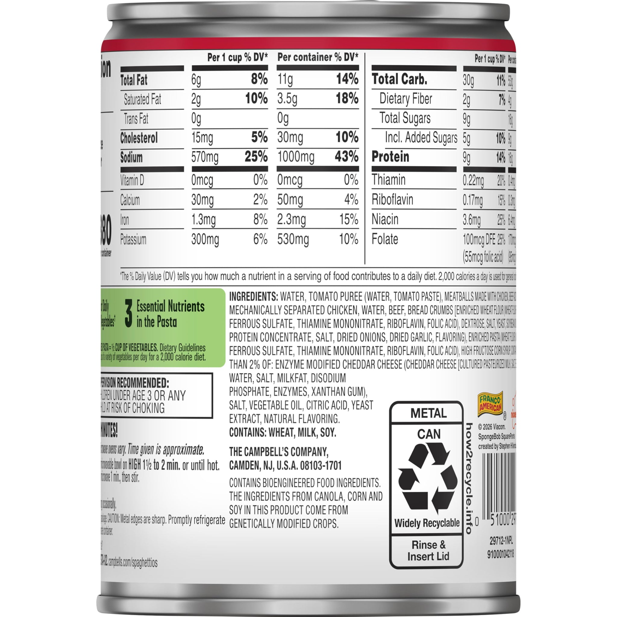 Campbell's SpaghettiOs SpongeBob Canned Pasta With Meatballs, 15.6 oz Can