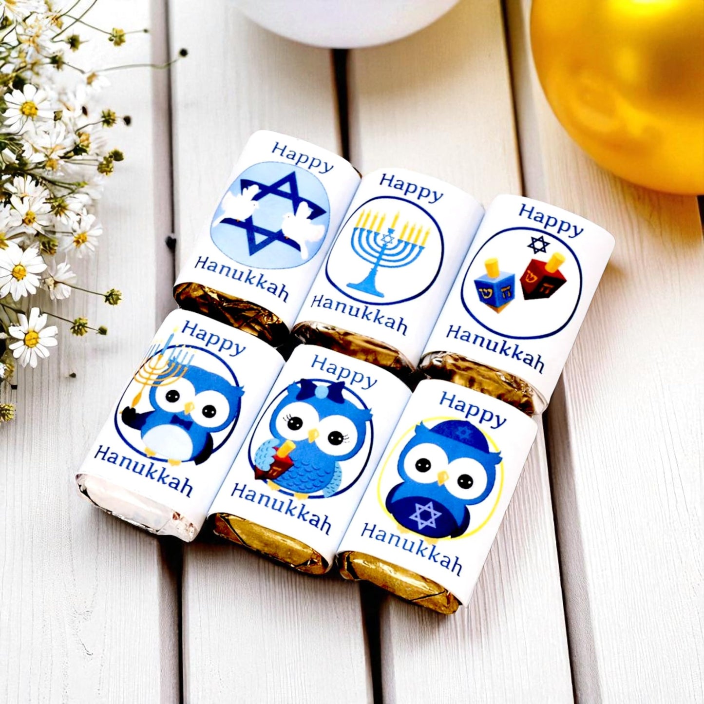 Hanukkah Stickers - 54 Owl Theme Party Favor Labels for Gift Bags, Jewish Holiday Decorations, Chanukah Celebration Supplies