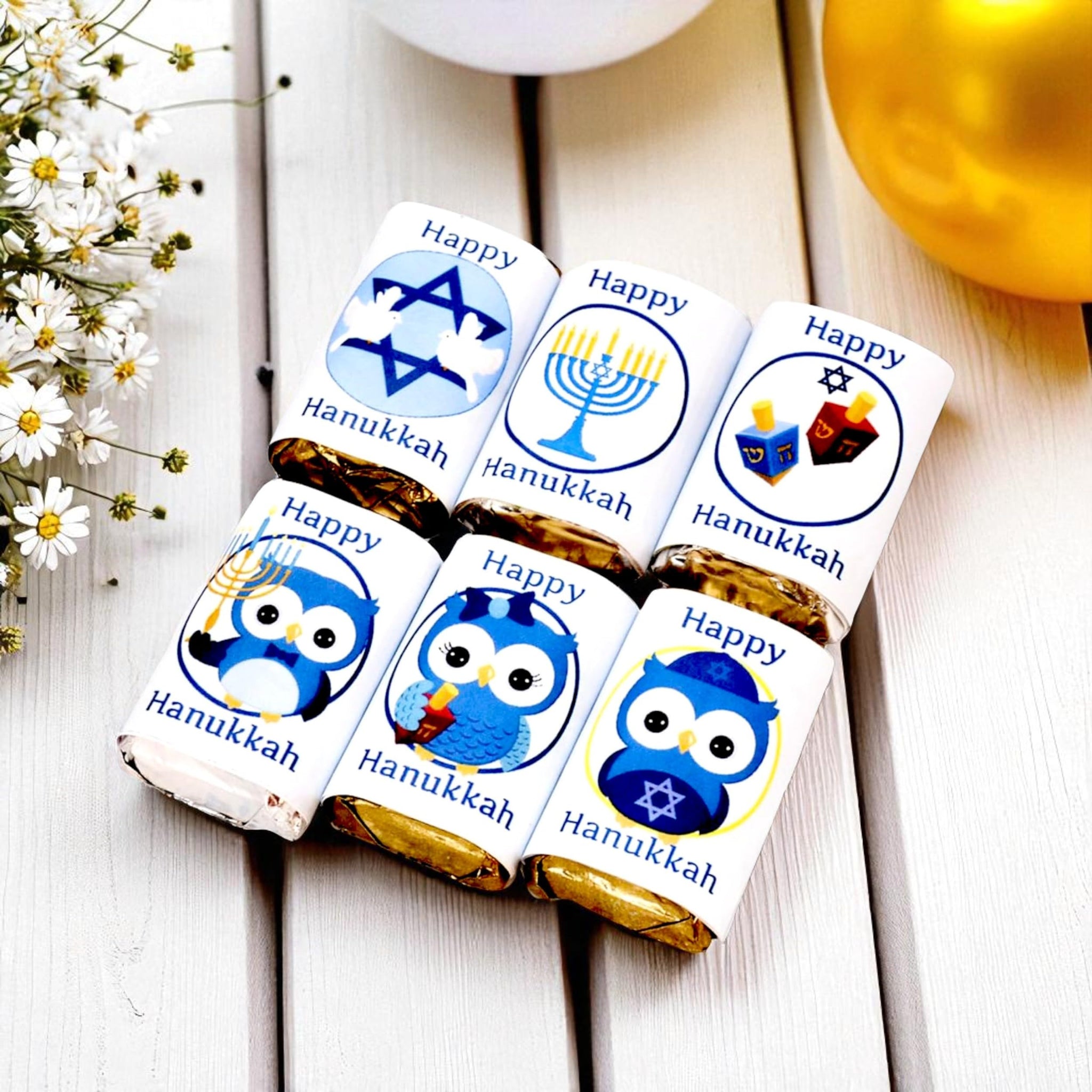 Hanukkah Stickers - 54 Owl Theme Party Favor Labels for Gift Bags, Jewish Holiday Decorations, Chanukah Celebration Supplies