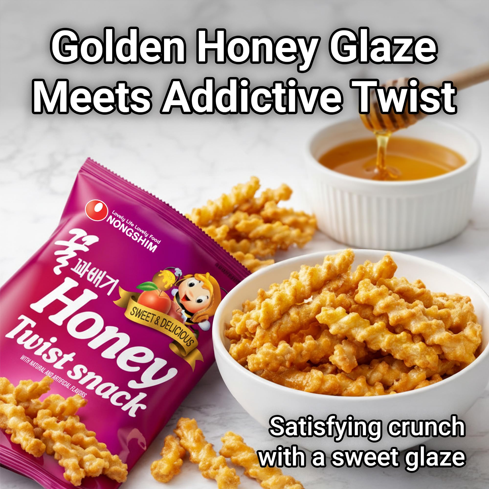 Nongshim Honey Twist Snack, Sweet Crispy Korean Snack, Acacia Honey, Twisted Crinkle Shape, Crunchy Kids Snacks, Big Size Resealable Bag, 10.05 oz (1