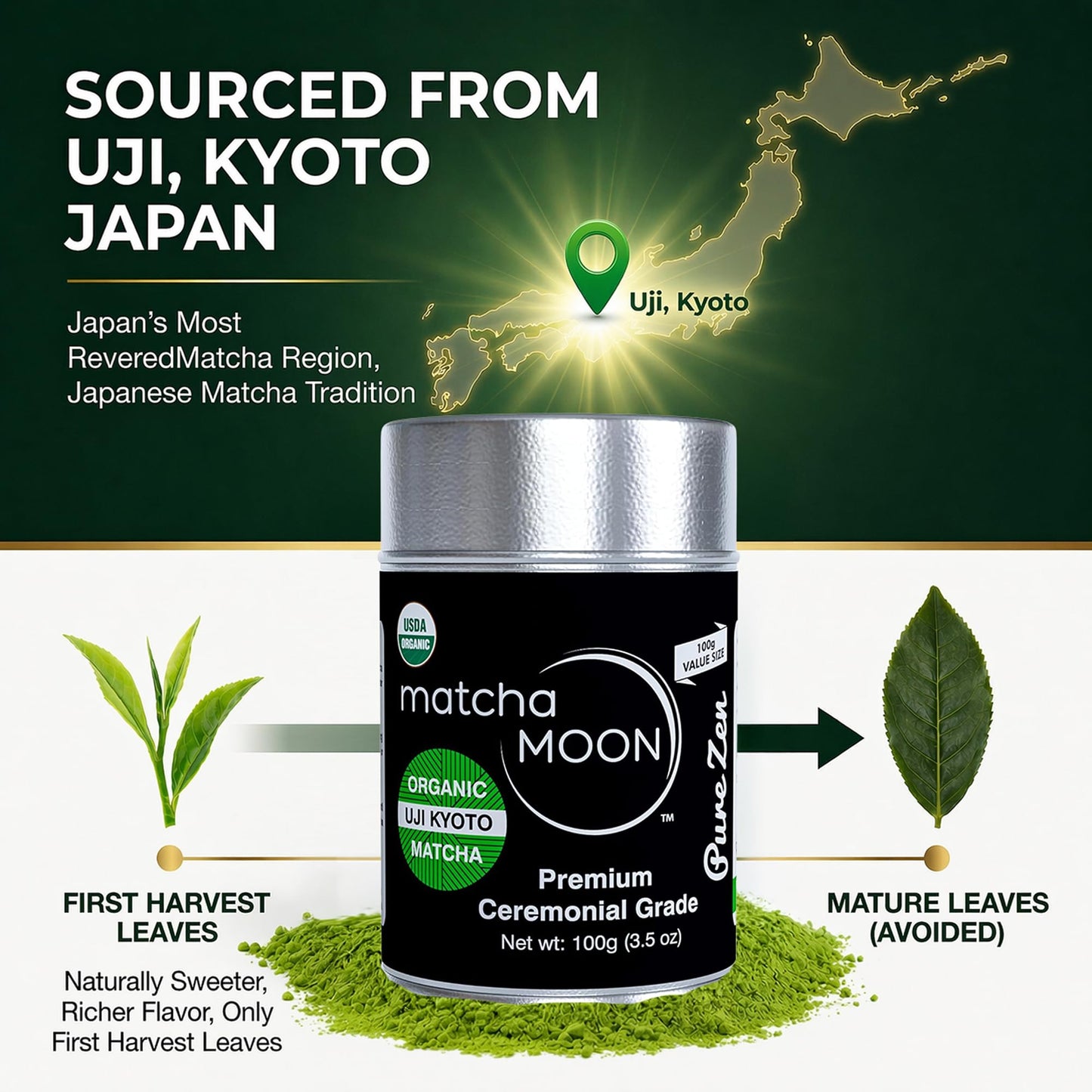 Matcha Moon Pure Zen Ceremonial Grade Matcha Powder | Premium USDA Organic Traditional Japanese Green Tea | First Harvest Uji Kyoto Sourced Tea Powder