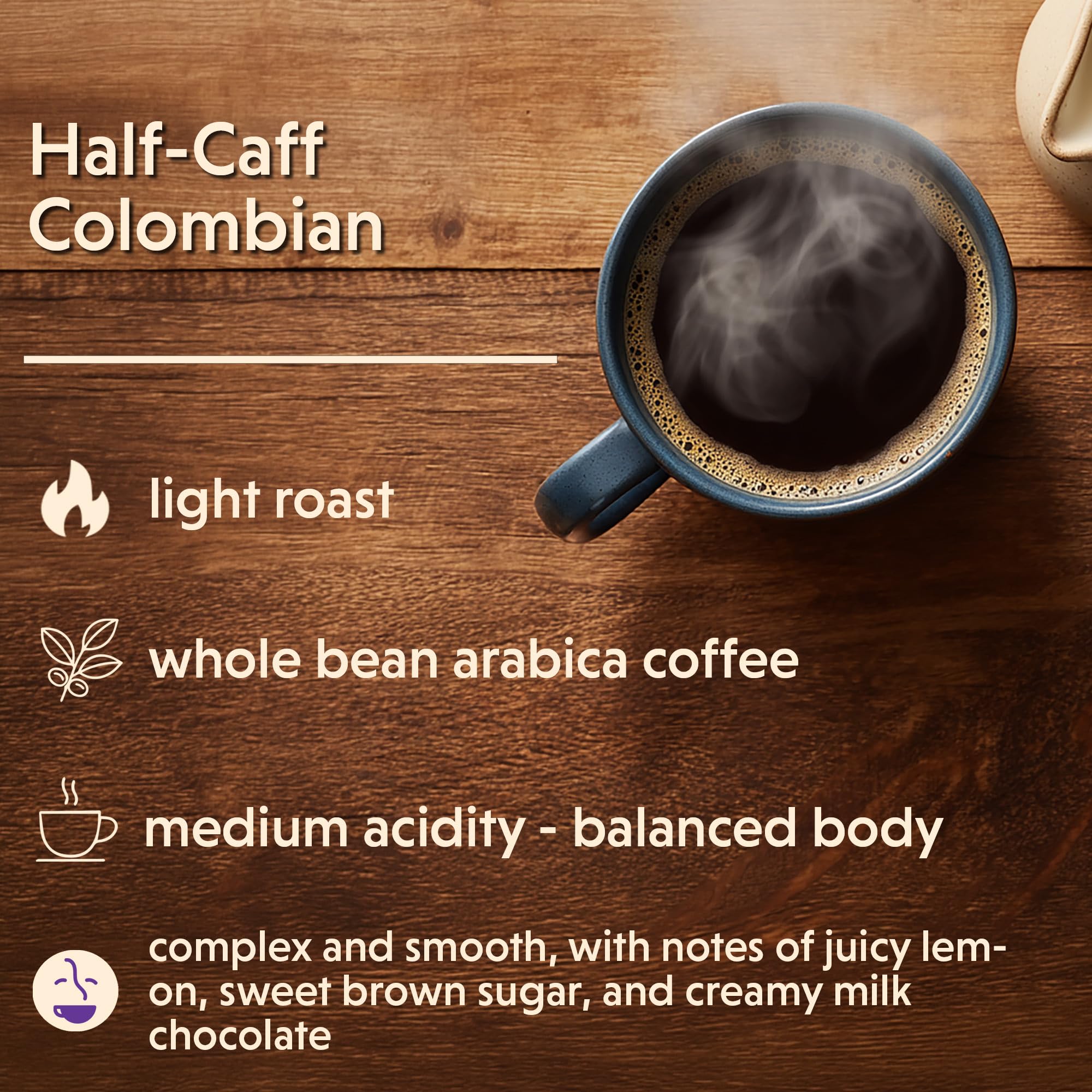Coffee Bean Direct Half-Caff Colombian, Whole Bean Coffee, Arabica Coffee, Light Roast, 5 Pound Bag (Pack of 1)