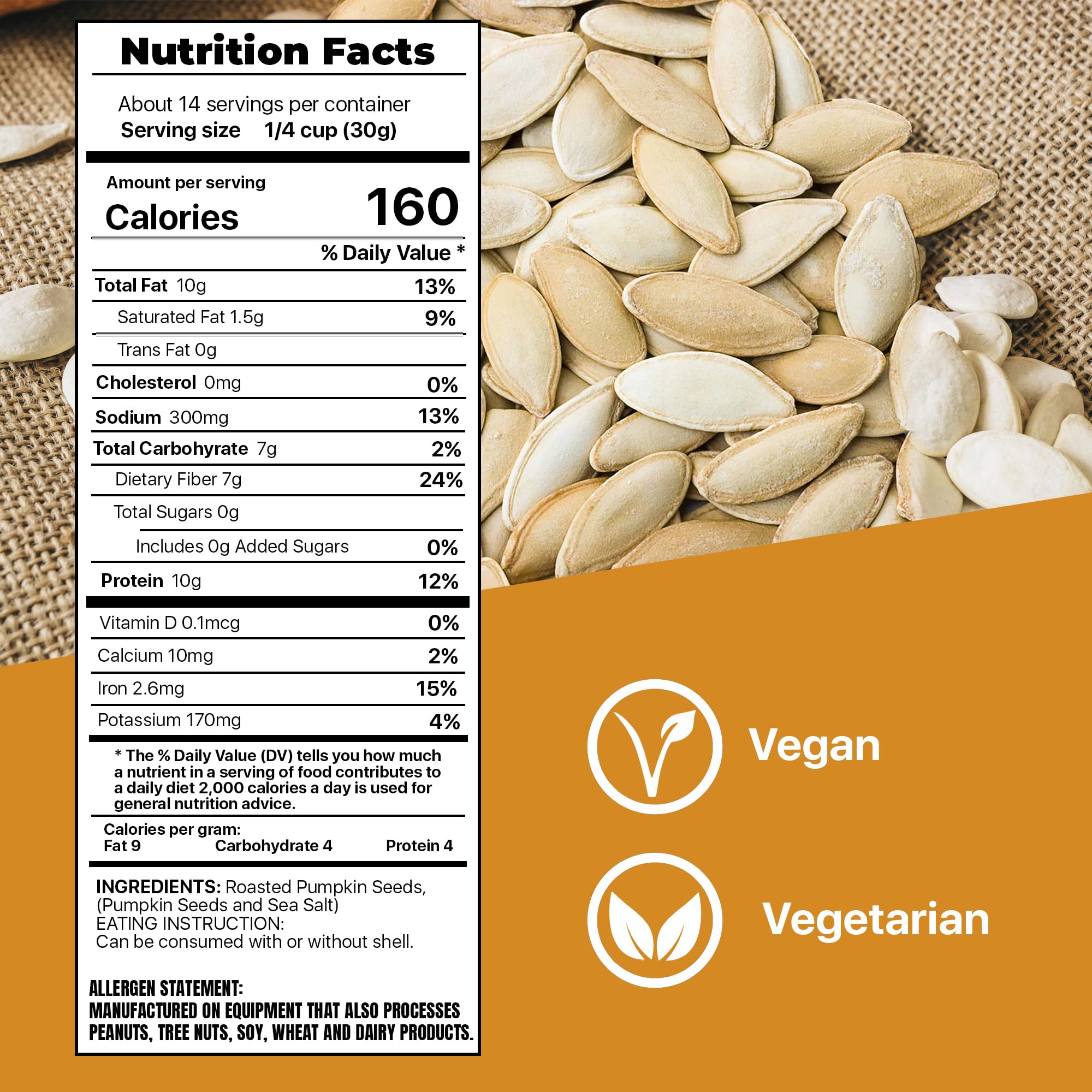 ROASTED PUMPKIN SEEDS to Eat in Shell by Premium Orchards MIXED NUTS - Salted with Sea Salt - Non-GMO Vegan Fresh Healthy Snacks/ - Great source