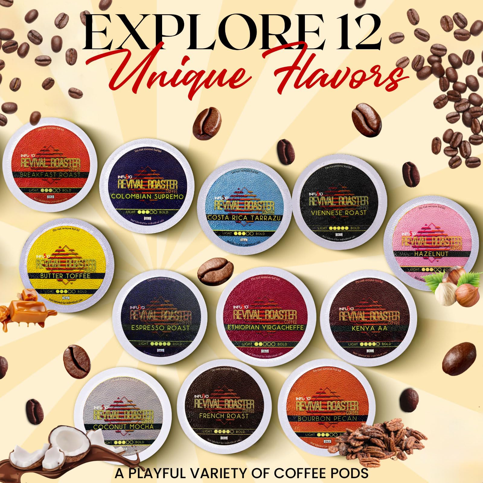 InfuSio Coffee Pods Variety Pack - 96 Count, 12 Crafted Medium & Dark Roast Blends and Artisan-Inspired Flavors Like Bourbon Pecan & Butter Toffee