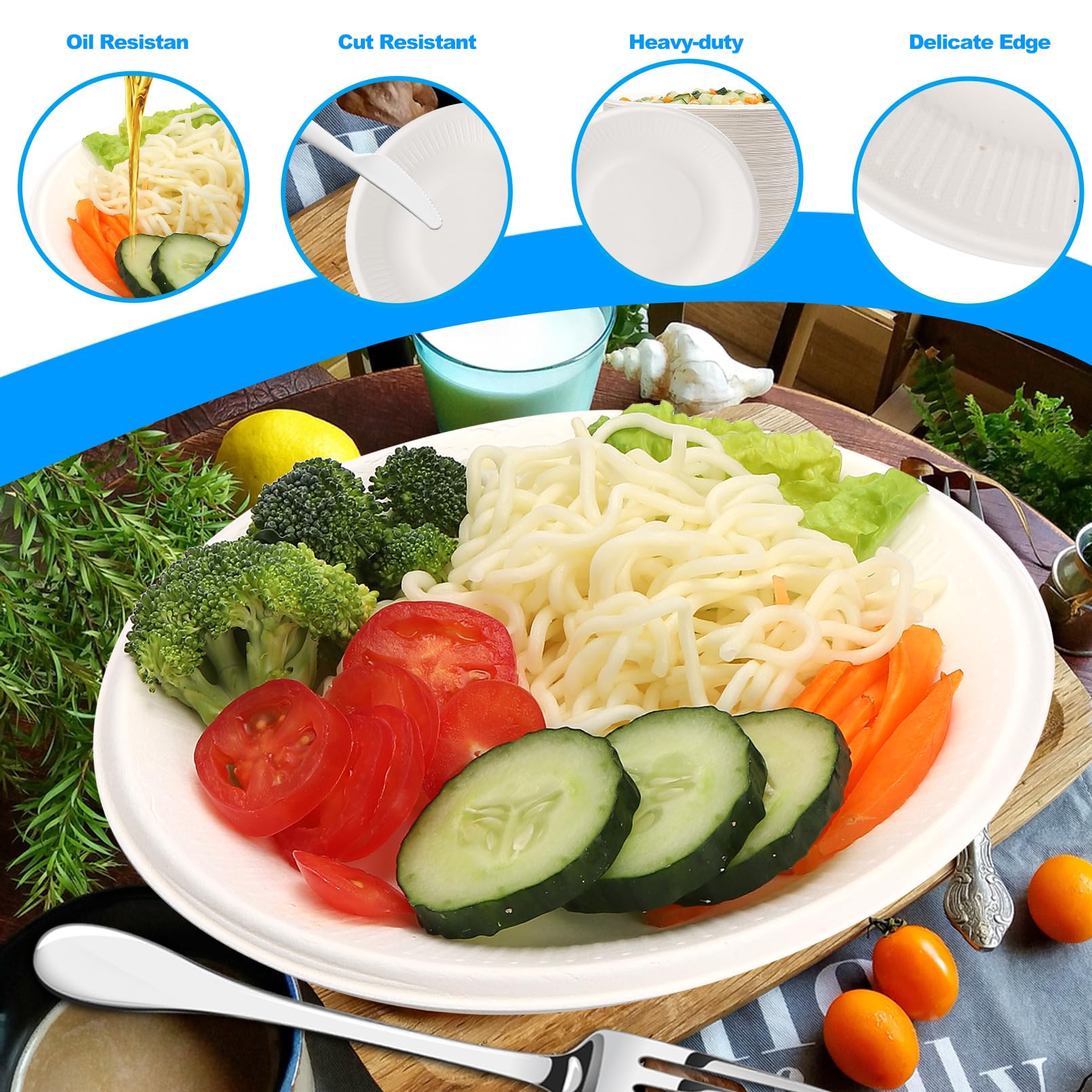 PUREZON 200 Pack Disposable Paper Plates, 8 Inch Compostable Biodegradable Plate, Heavy Duty Sugarcane Bagasse Plates(White)
