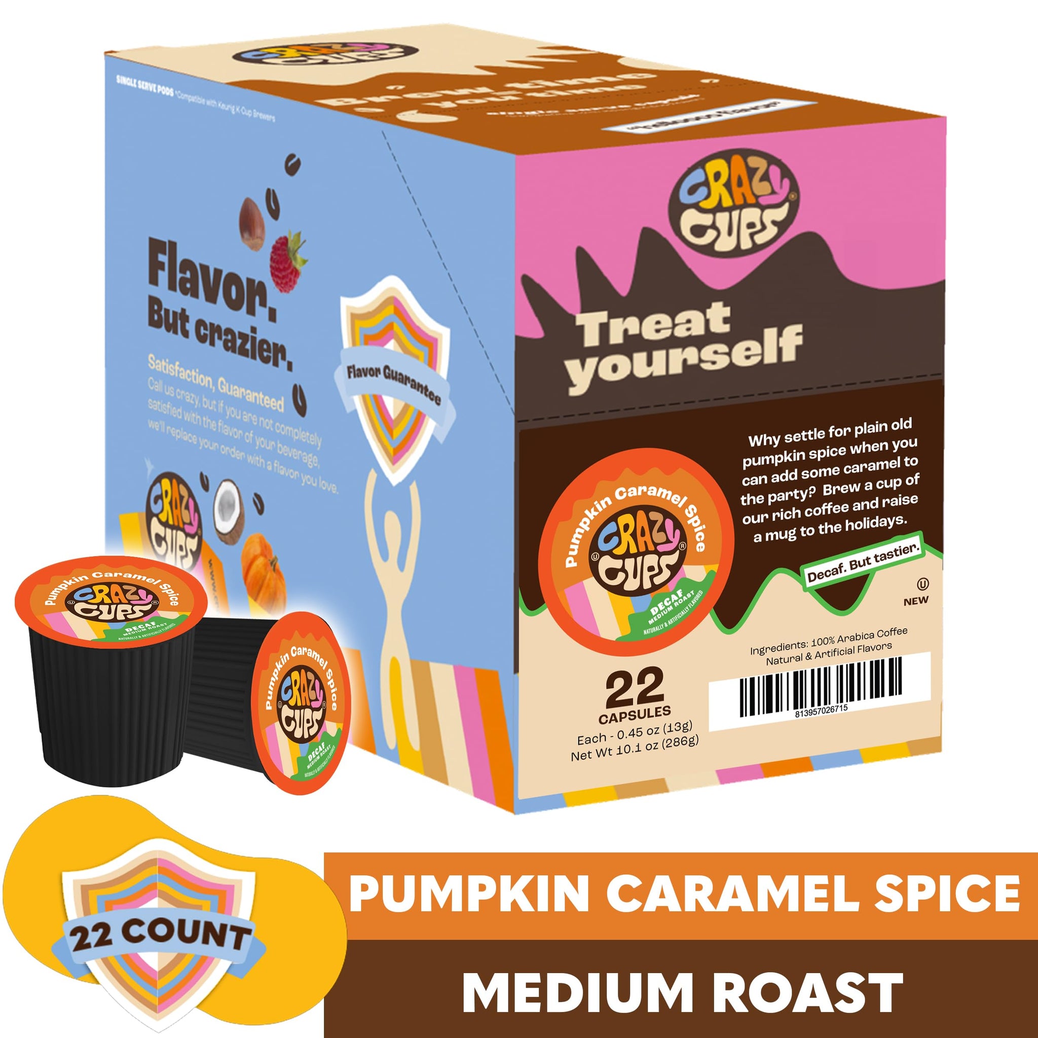 Crazy Cups Decaf Flavored Recyclable Single Serve Decaffeinated Pumpkin Caramel Spice Coffee Pods for Keurig K Cups Machines, Brew Hot or As Iced, 22