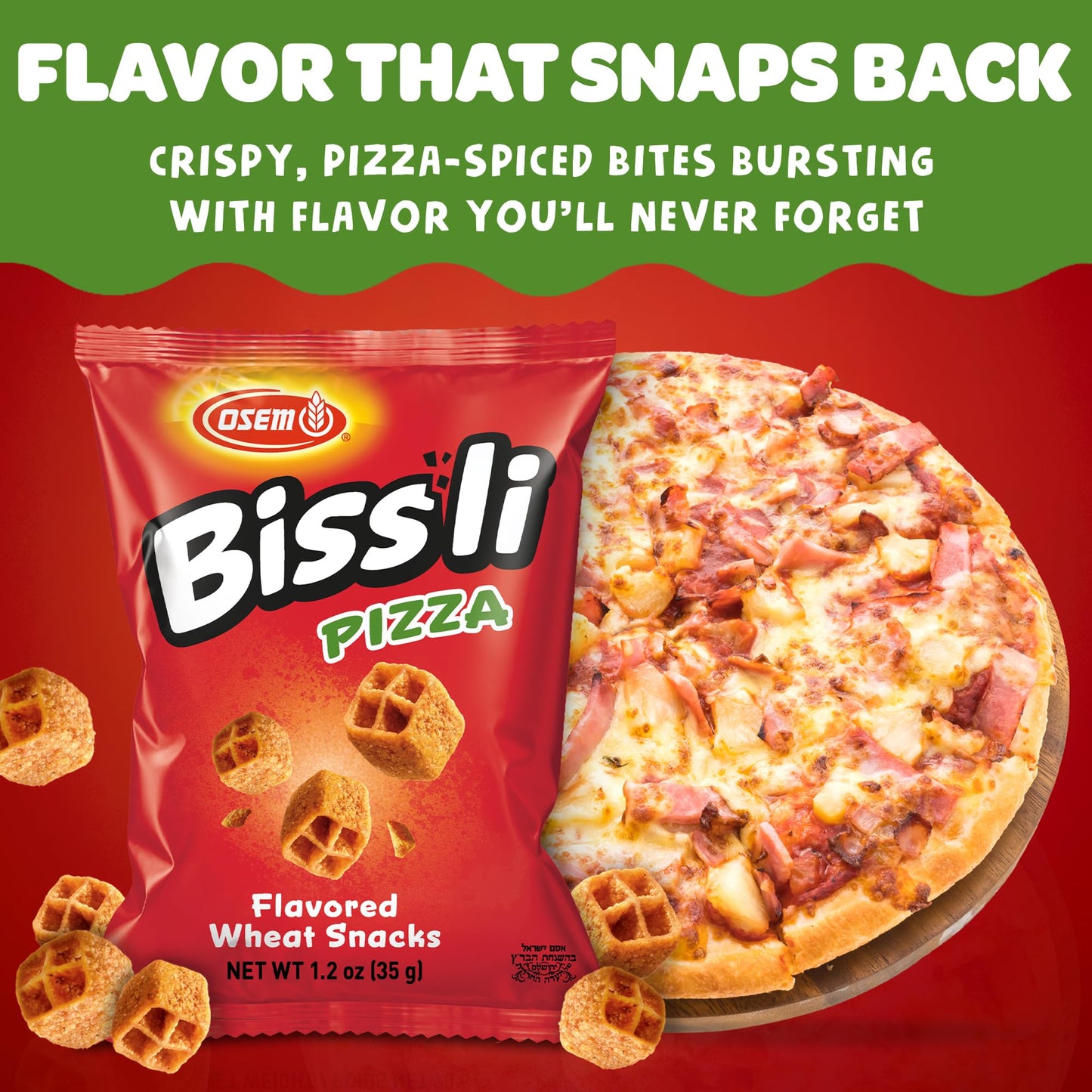 Osem Bissli Pizza - Pizza Flavored Snacks, Bissli Snack for Kids & Adults, Kosher Israeli Flavor Bites, Crunchy Vegan Wheat Chips - 2.5oz Bags (Pack