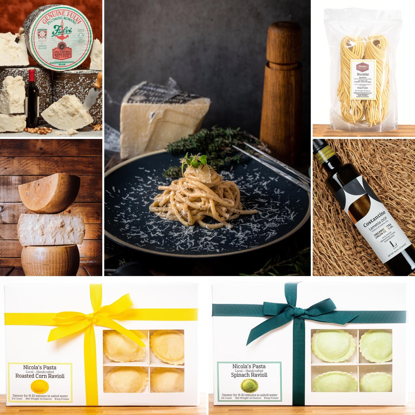 Authentic Cacio e Pepe Bundle with Roasted Corn Ravioli, Handmade Bucatini, DOP Pecorino Romano & Parmigiano Reggiano, DOP Extra Virgin Olive Oil