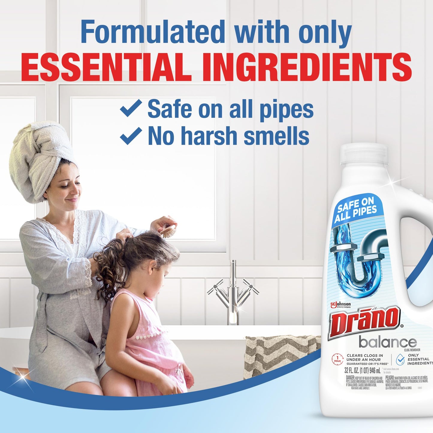 Drano Balance Drain Clog Remover and Cleaner, Non-Corrosive Formula, Safe on All Pipes and Septic Tanks, Formulated Using Only Essential Ingredients