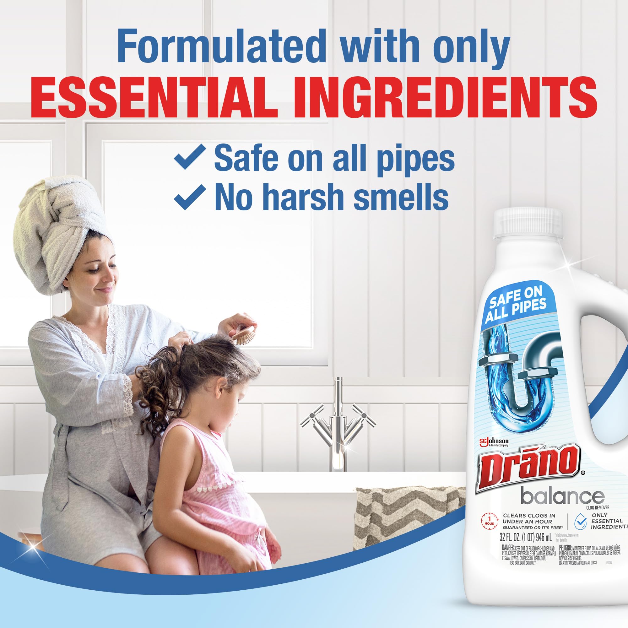 Drano Balance Drain Clog Remover and Cleaner, Non-Corrosive Formula, Safe on All Pipes and Septic Tanks, Formulated Using Only Essential Ingredients