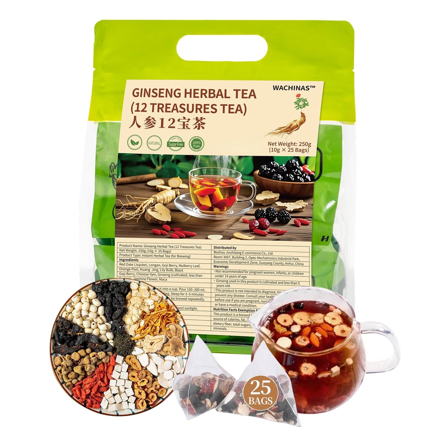 Premium Ginseng Tea - Natural Organic Kidney and Liver Detox Tea - 12 Herbal Blend with Goji Berry?Jujube, Longan, Mulberry & Maca - Caffeine & Sugar