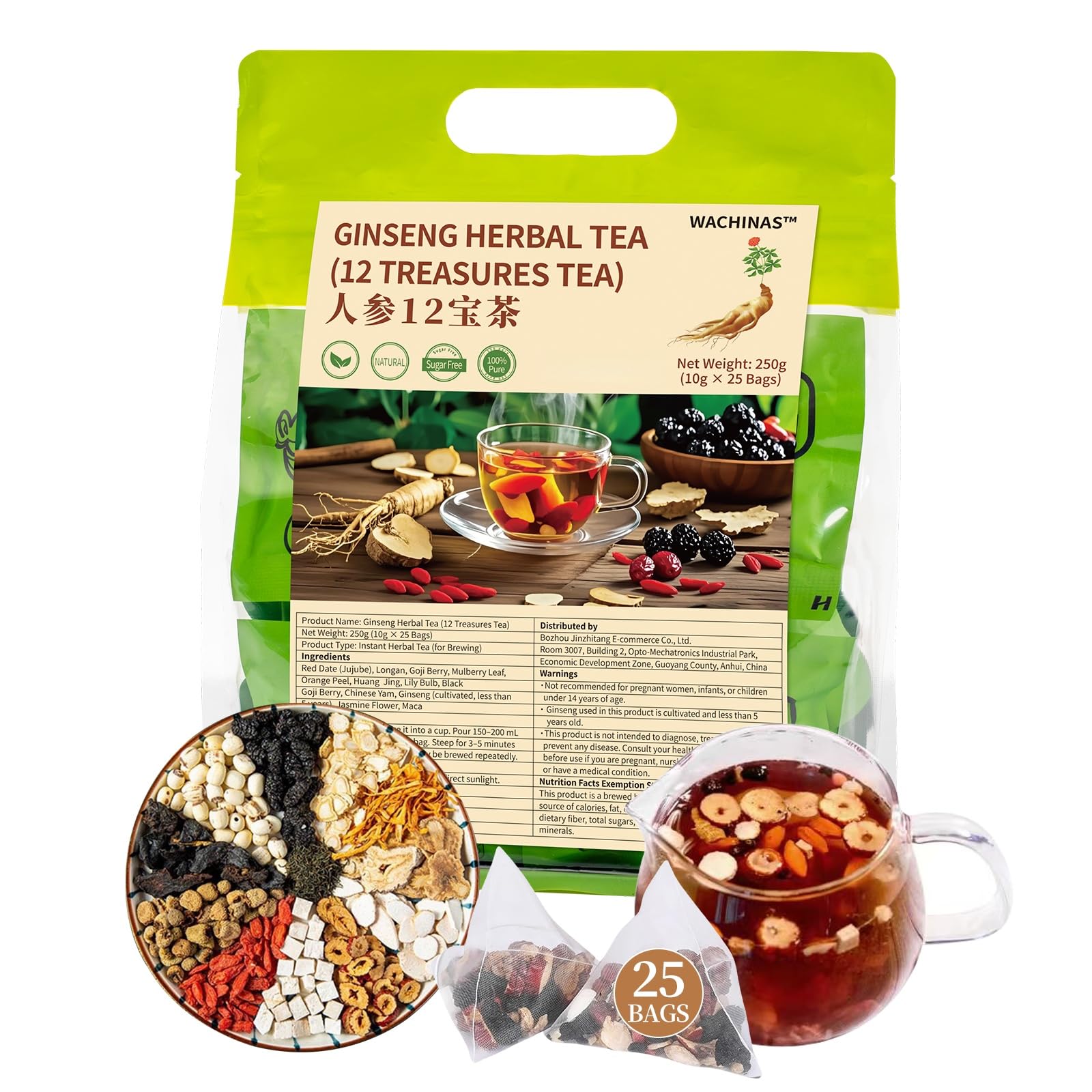 Premium Ginseng Tea - Natural Organic Kidney and Liver Detox Tea - 12 Herbal Blend with Goji Berry?Jujube, Longan, Mulberry & Maca - Caffeine & Sugar