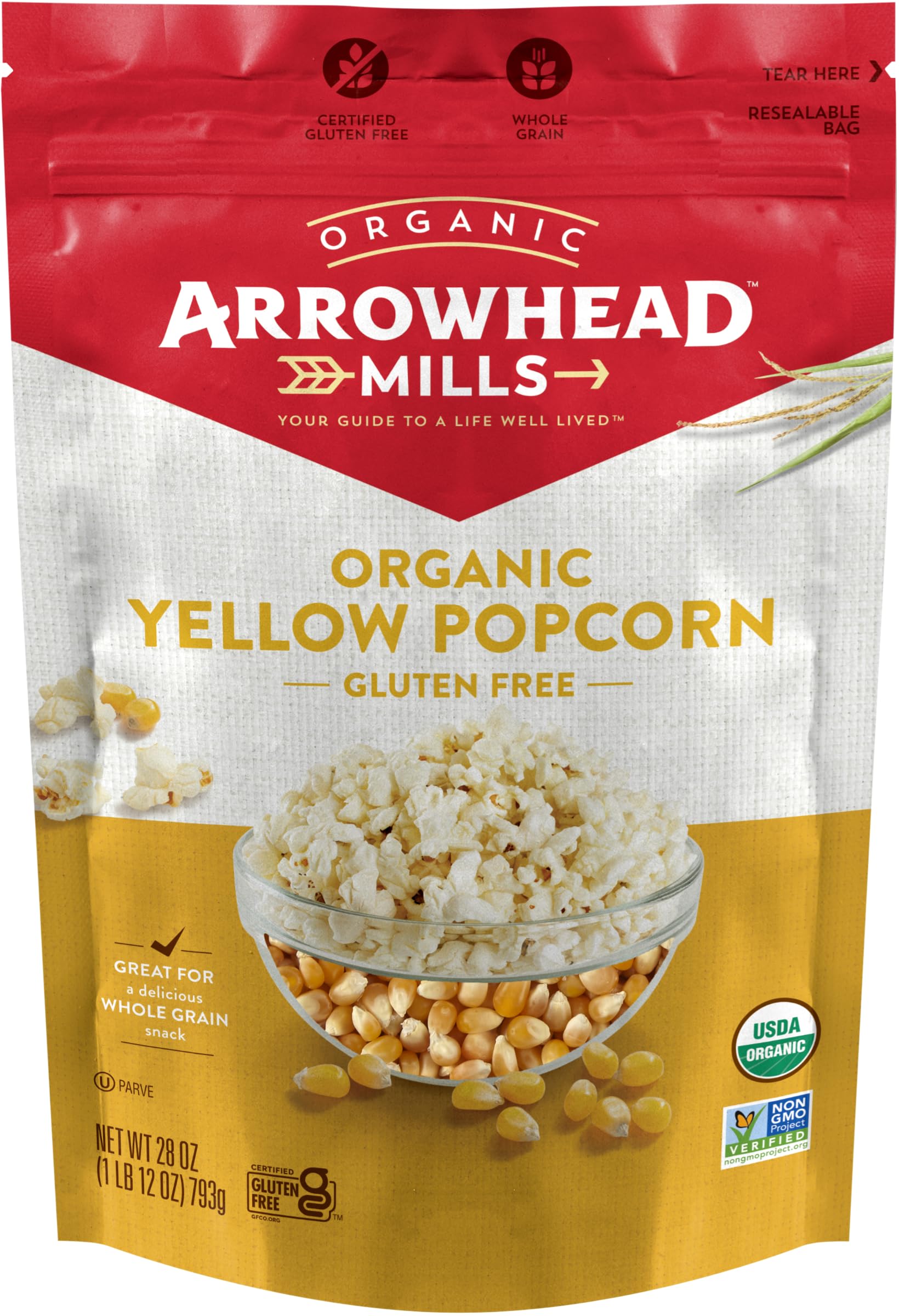 Arrowhead Mills Organic Yellow Popcorn, 28 oz Bag (Pack of 2)