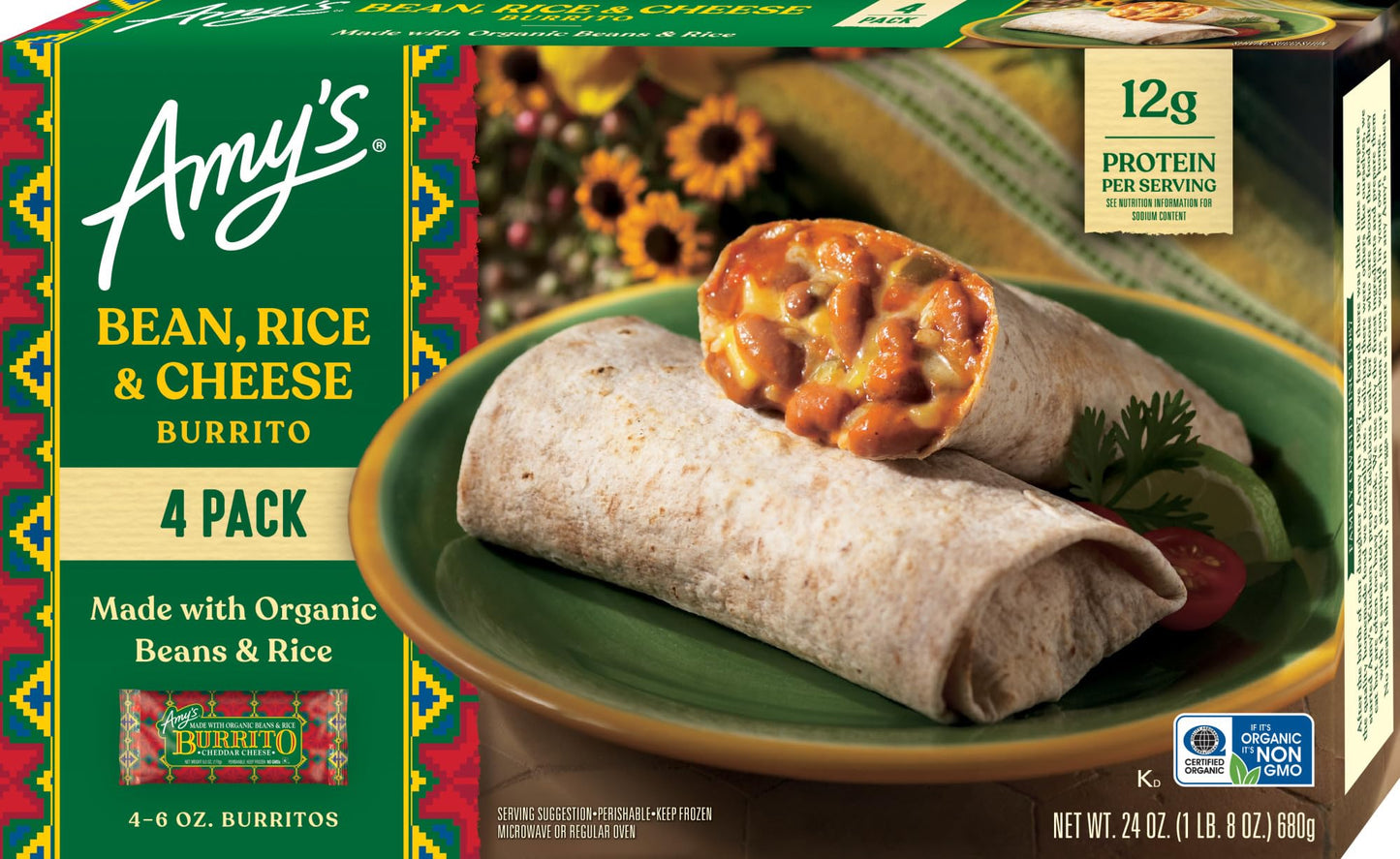 Amy's Frozen Meals, Cheddar Cheese Burrito with Organic Rice and Beans, Microwave Meals, 24 Oz 4 Pack