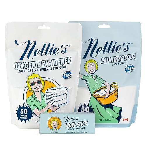 Nellie’s Complete Laundry Bundle - Concentrated Laundry Soda (50 Loads), Oxygen Brightener (50 scoops) & WOW Stick Stain Remover