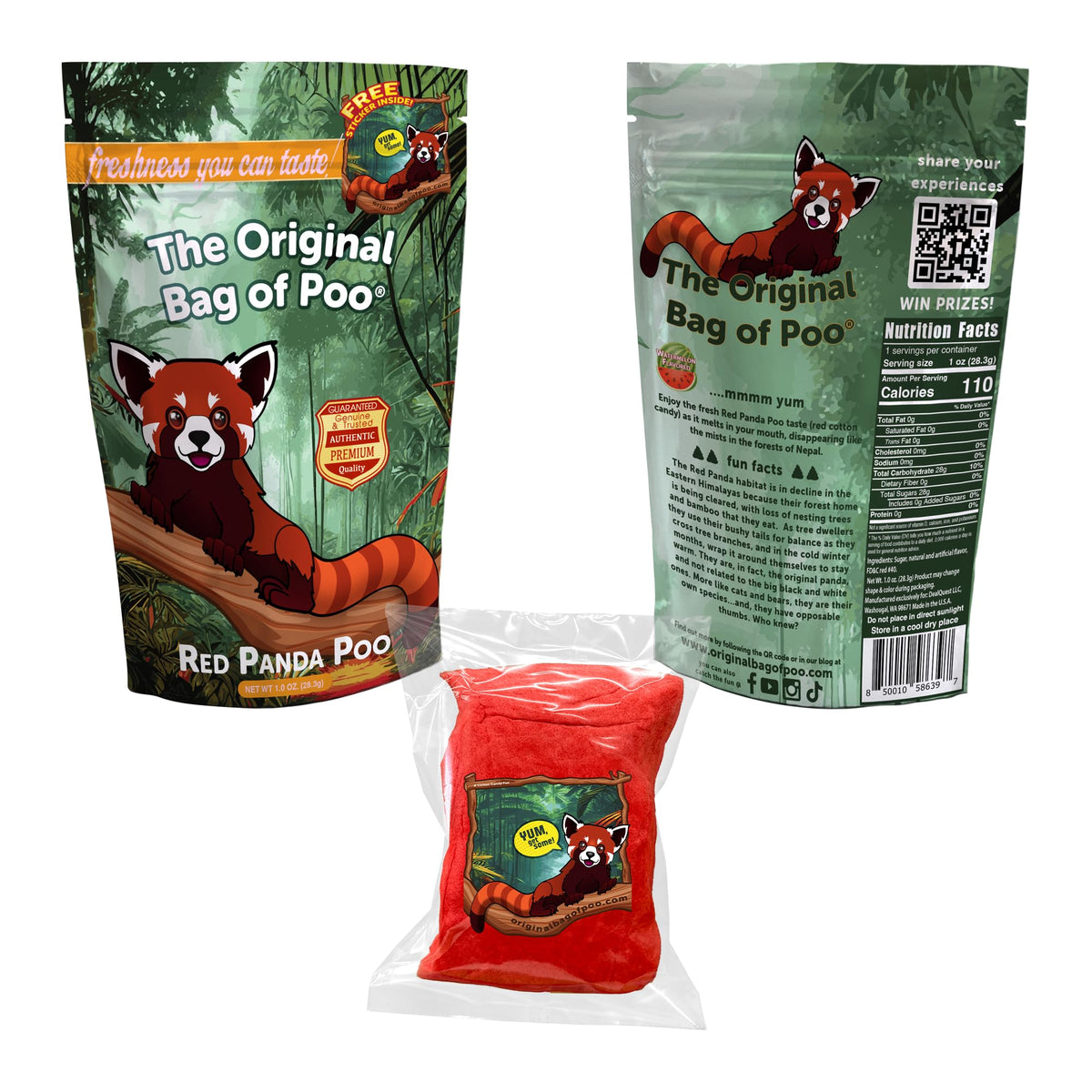 The Original Bag of Poo®, Red Panda Poo (watermelon flavored cotton candy) Novelty Gag Gift (1 oz single bag) Free sticker inside.