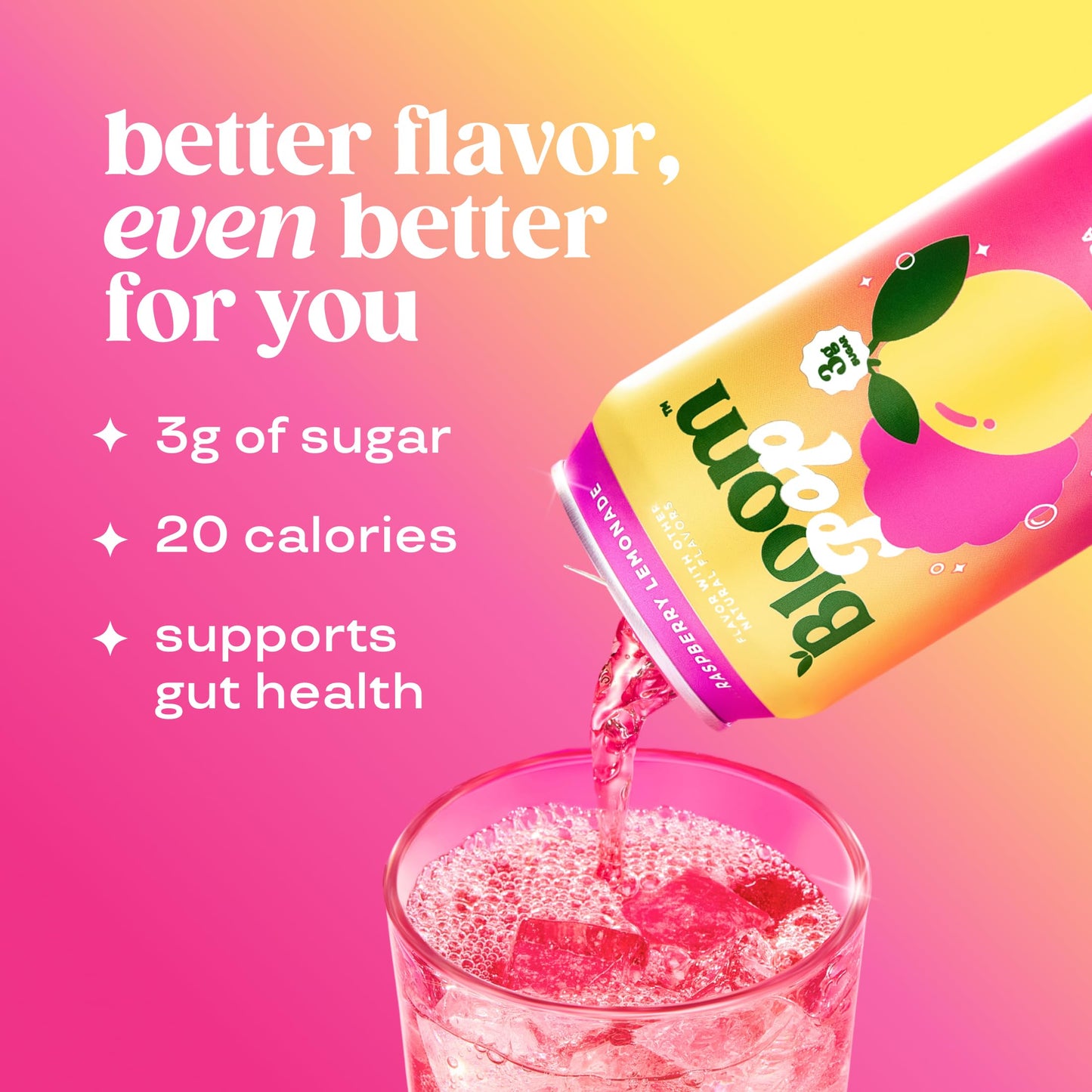 Bloom Pop Prebiotic Soda 12 Pack, Raspberry Lemonade Flavor, 12oz Cans | Prebiotic Soda for Gut Health, Low Calorie Soda, No Caffeine, Healthy Soft