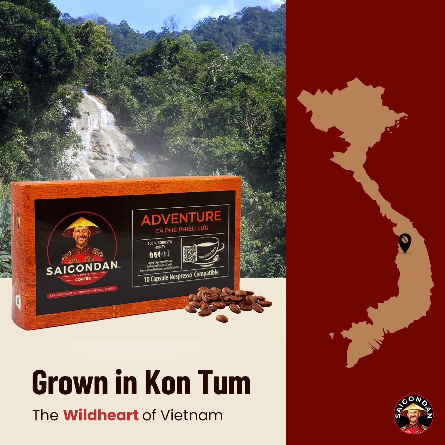 Adventure Vietnamese Coffee Capsules - Light Espresso Roast 100% Robusta | Saigondan Coffee Pods | Compatible with All Nespresso Original Line