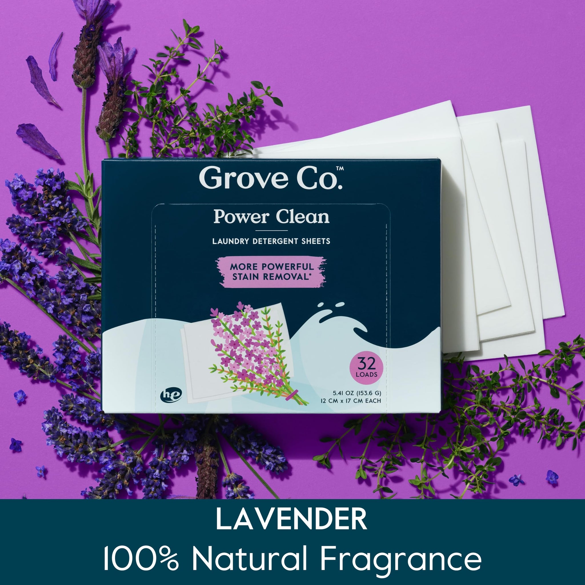 Grove Co. Laundry Detergent Sheets, Power Clean Dissolving Washer Sheets (2 Pack - 64 Loads) Tough Stain Remover, 100% Natural Lavender Blossom