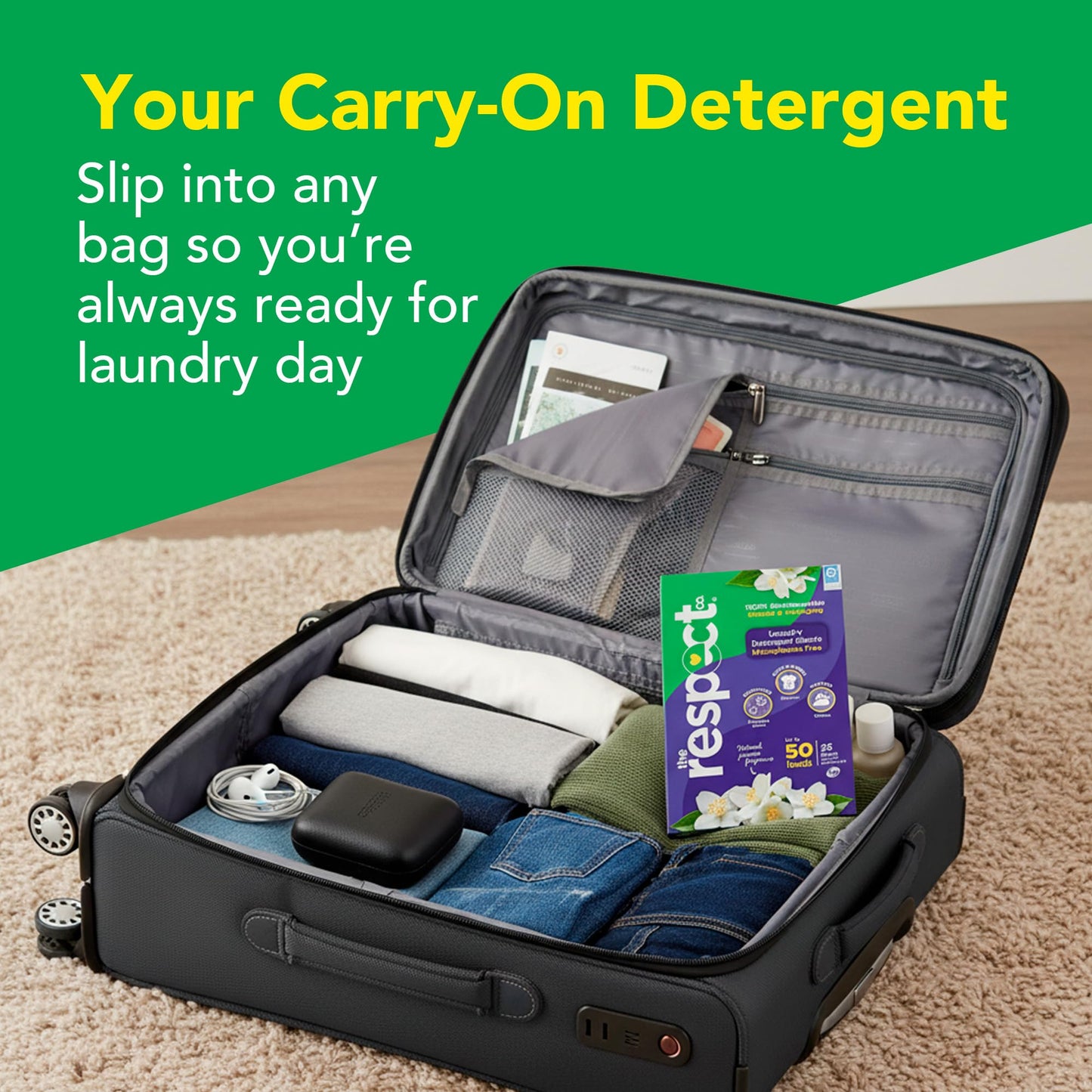 The Respect Co. Travel Laundry Detergent Sheets - Enzyme-Based Dissolvable Washing Machine Sheets - Phosphate & Plastic Free Laundry Detergent - Up